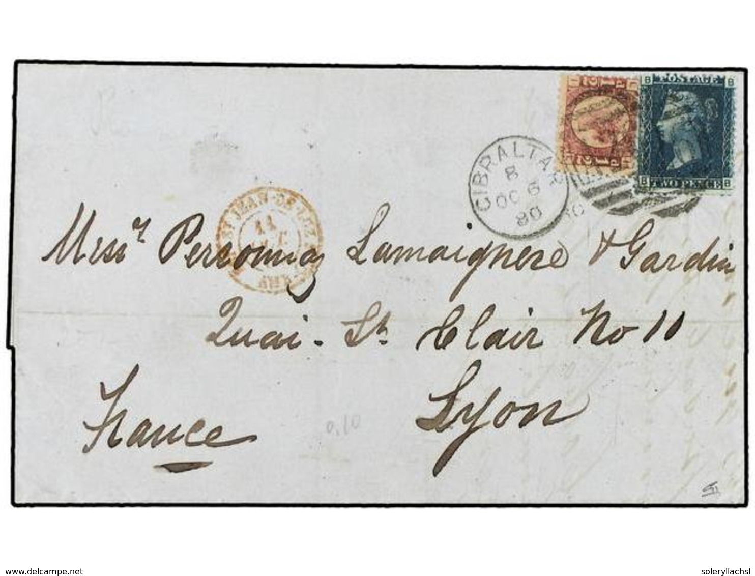 2862 GIBRALTAR. 1880 (Oct 6). Outer Letter Sheet To Lyon Franked By Great Britain 1870 <B>½d.</B> Lake Red Pl. 20 And <B - Sonstige & Ohne Zuordnung