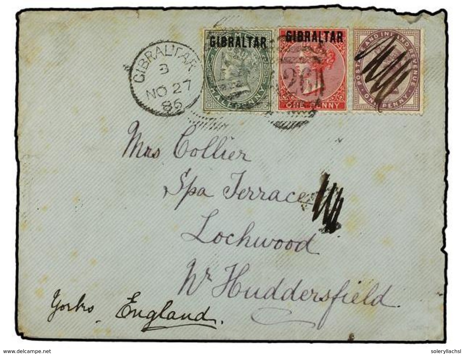 2863 GIBRALTAR. 1886 (Nov 27). Cover To HUDDERSFIELD Franked Initially With Great Britain <B>1d</B>. Lilac Cancelled In  - Other & Unclassified