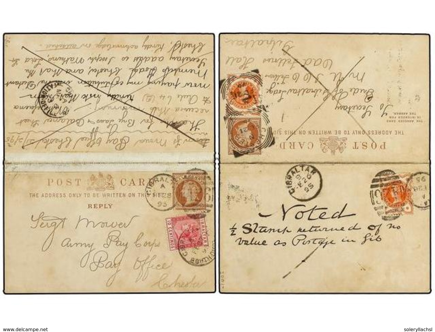 2864 GIBRALTAR. 1895 (Feb. 21). Great Britain <B>½d. + ½d.</B> Brown Postal Stationery Reply Card Up-rated With <B>½d.</ - Other & Unclassified