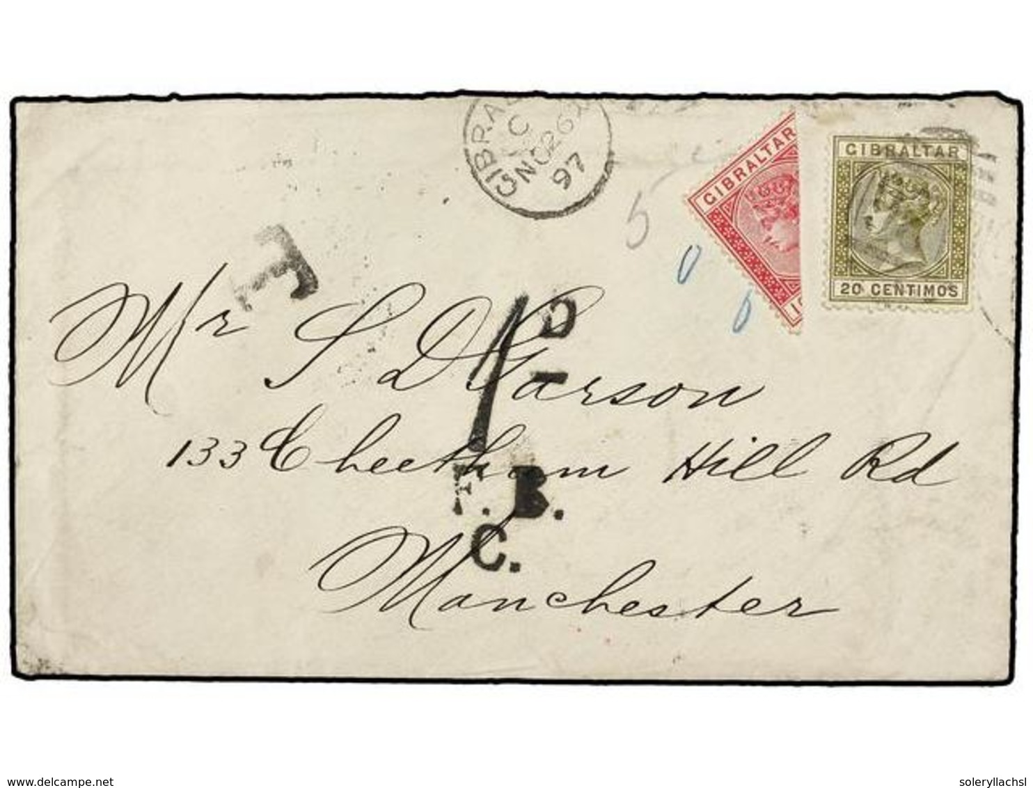 2865 GIBRALTAR. 1897 (Nov 26). Cover To MANCHESTER Franked By Spanish Currency 1896 <B>20c</B>. Olive Green & Brown Tied - Sonstige & Ohne Zuordnung