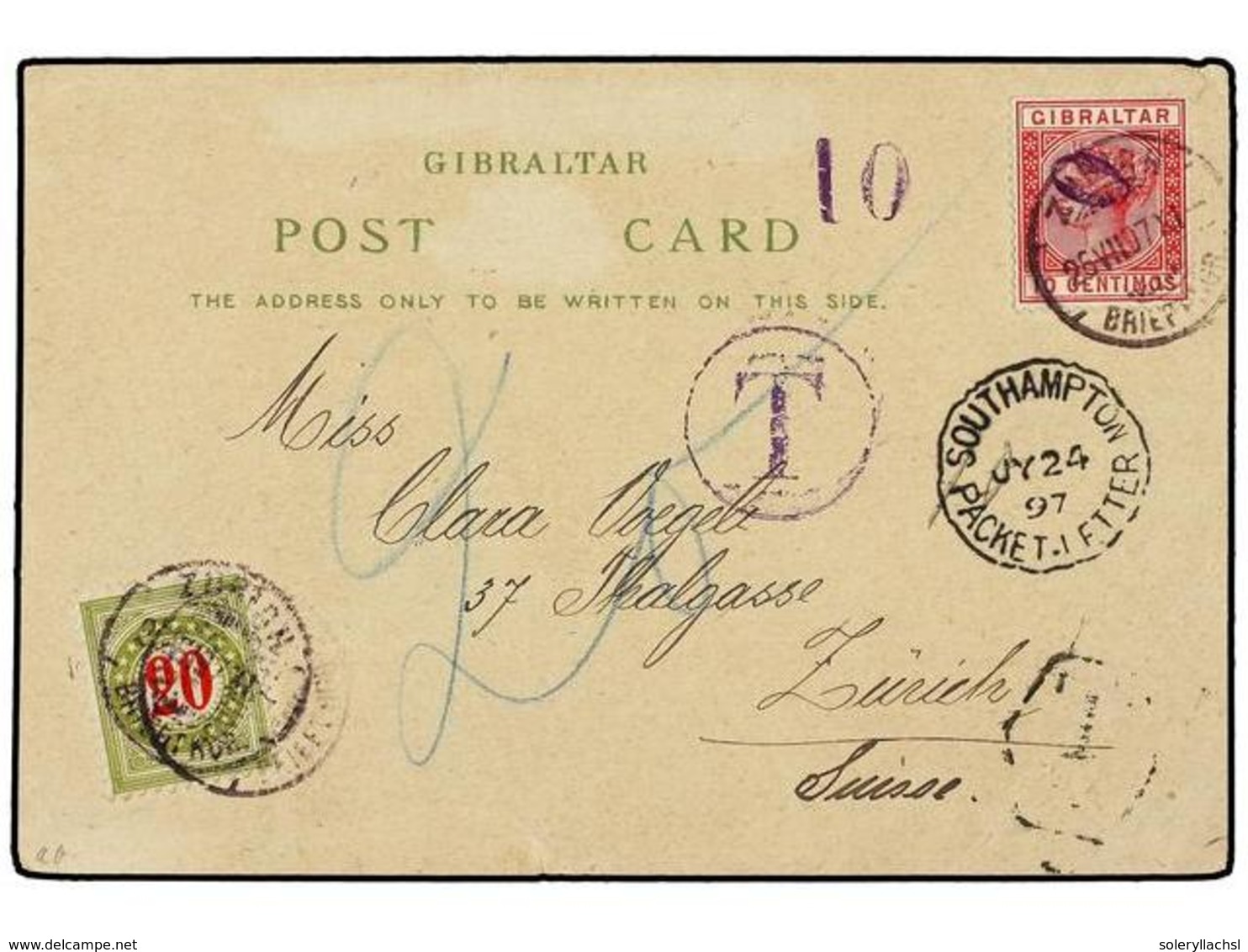 2866 GIBRALTAR. 1897 (July 26). Colour Postcard (view Of Gibraltar) To ZURICH, Franked By 1889-95 <B>10cs.</B> Rose, Pos - Other & Unclassified