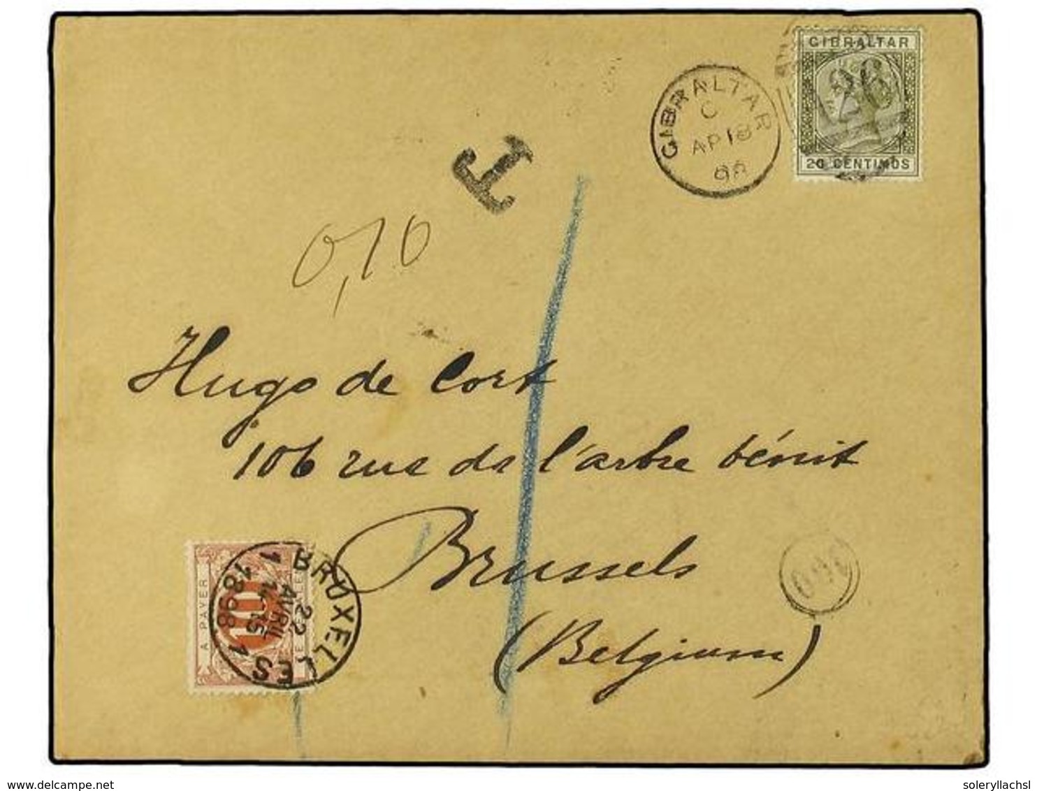 2867 GIBRALTAR. 1898. Envelope To BELGIUM Bearing <B>20 Centimos</B> Olive (SG 25) Tied By <B>GIBRALTAR A26</B> Duplex,  - Other & Unclassified