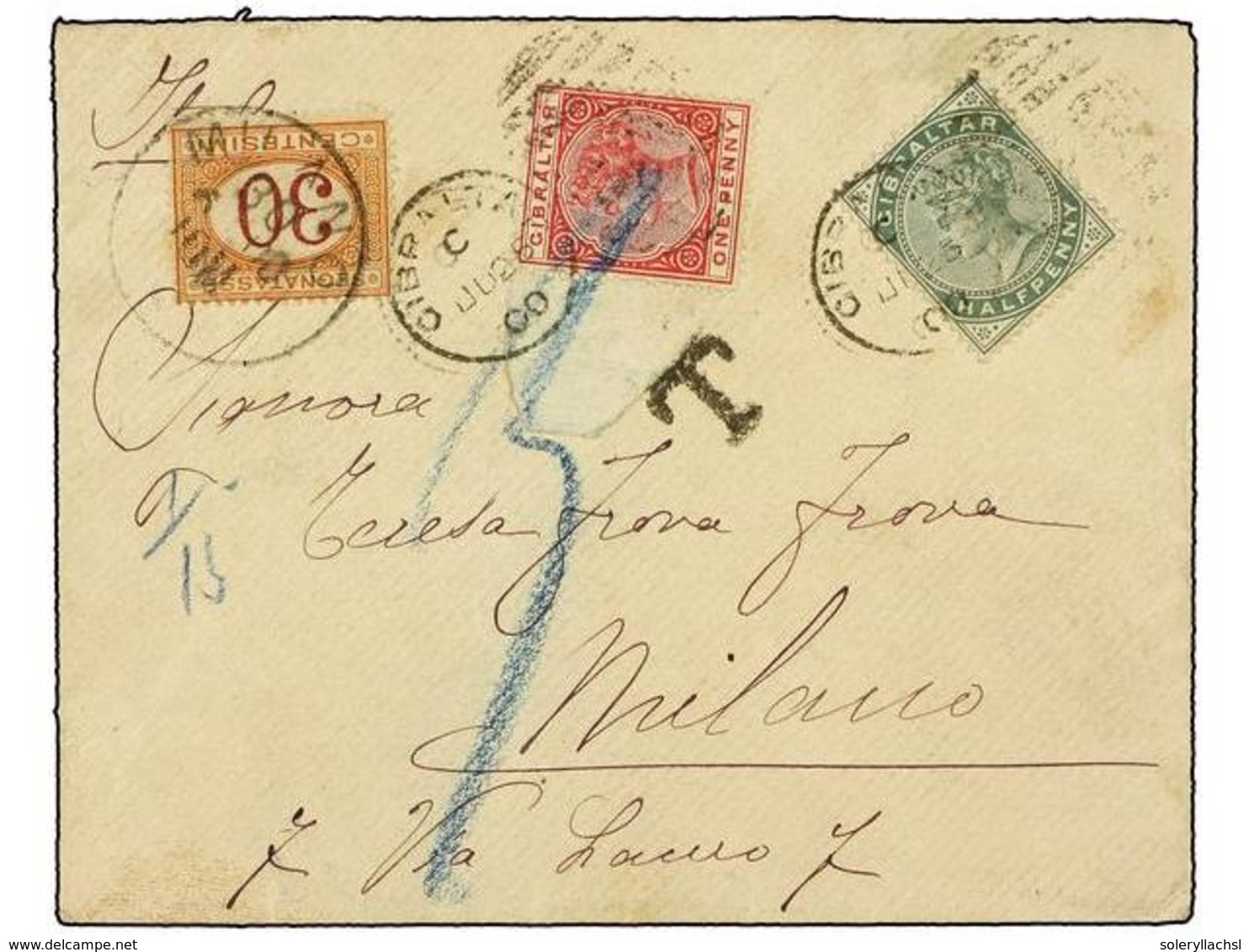 2870 GIBRALTAR. 1900. GIBRALTAR To MILANO (Italy). <B>1 P.</B> Rose And <B>1/2 P.</B> Green. Taxed On Arrival With Itali - Other & Unclassified