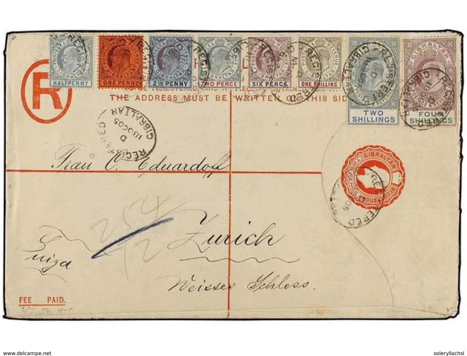 2871 GIBRALTAR. Sg.53, 56-62. 1905 (Oct. 18). <B>2d.</B> Red Postal Stationery Registered Envelope, Mailed To ZURICH And - Other & Unclassified
