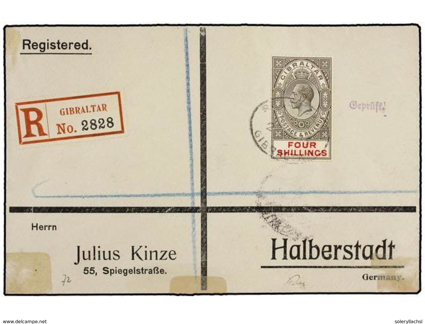 2873 GIBRALTAR. 1913. GIBRALTAR To GERMANY. <B>4 Sh.</B> Olive And Red. Registered Cover, Arrival On Back. - Sonstige & Ohne Zuordnung