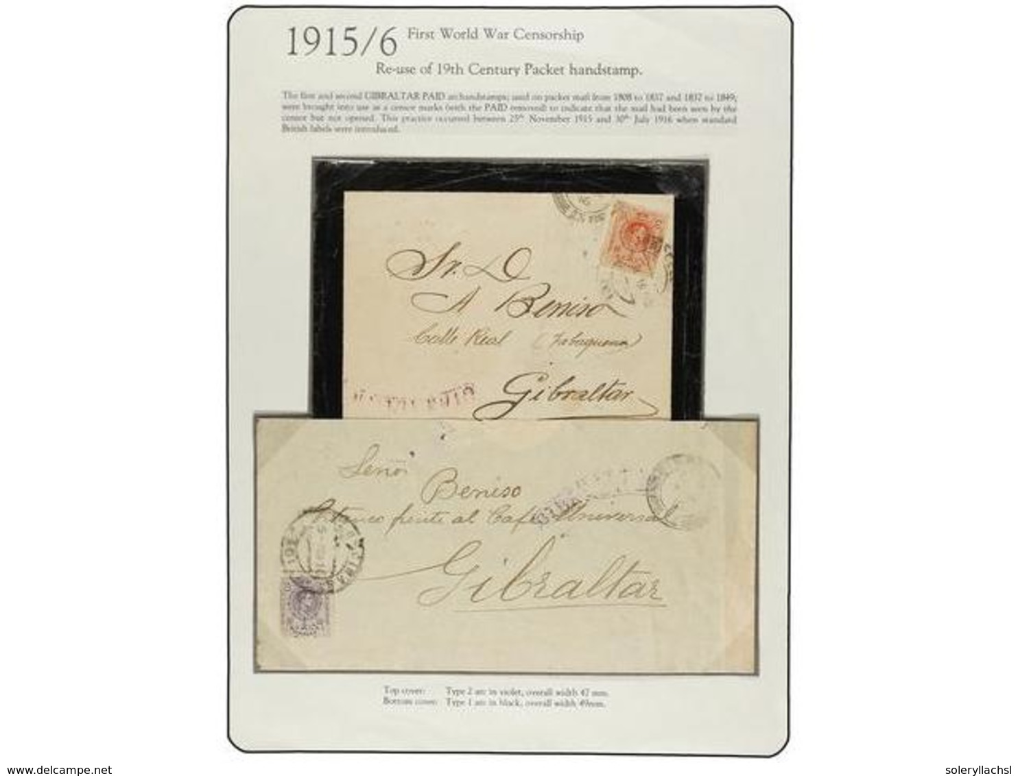 2874 GIBRALTAR. 1916. TWO Covers From SPAIN With Lilac <B>GIBRALTAR</B> Arc Mark, Used As Censorship. - Sonstige & Ohne Zuordnung