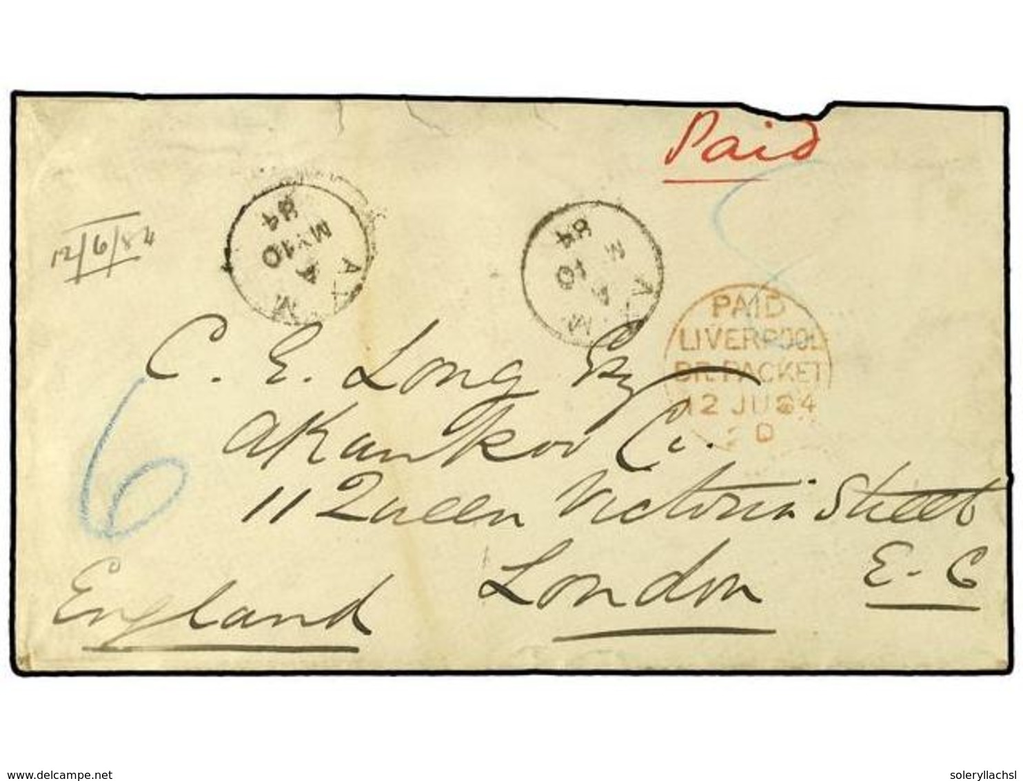 2875 COSTA DE ORO. 1884 (May 10). Cover To London Ex The 'Midshipman Long' Correspondence At Double Rate With Two Strike - Other & Unclassified