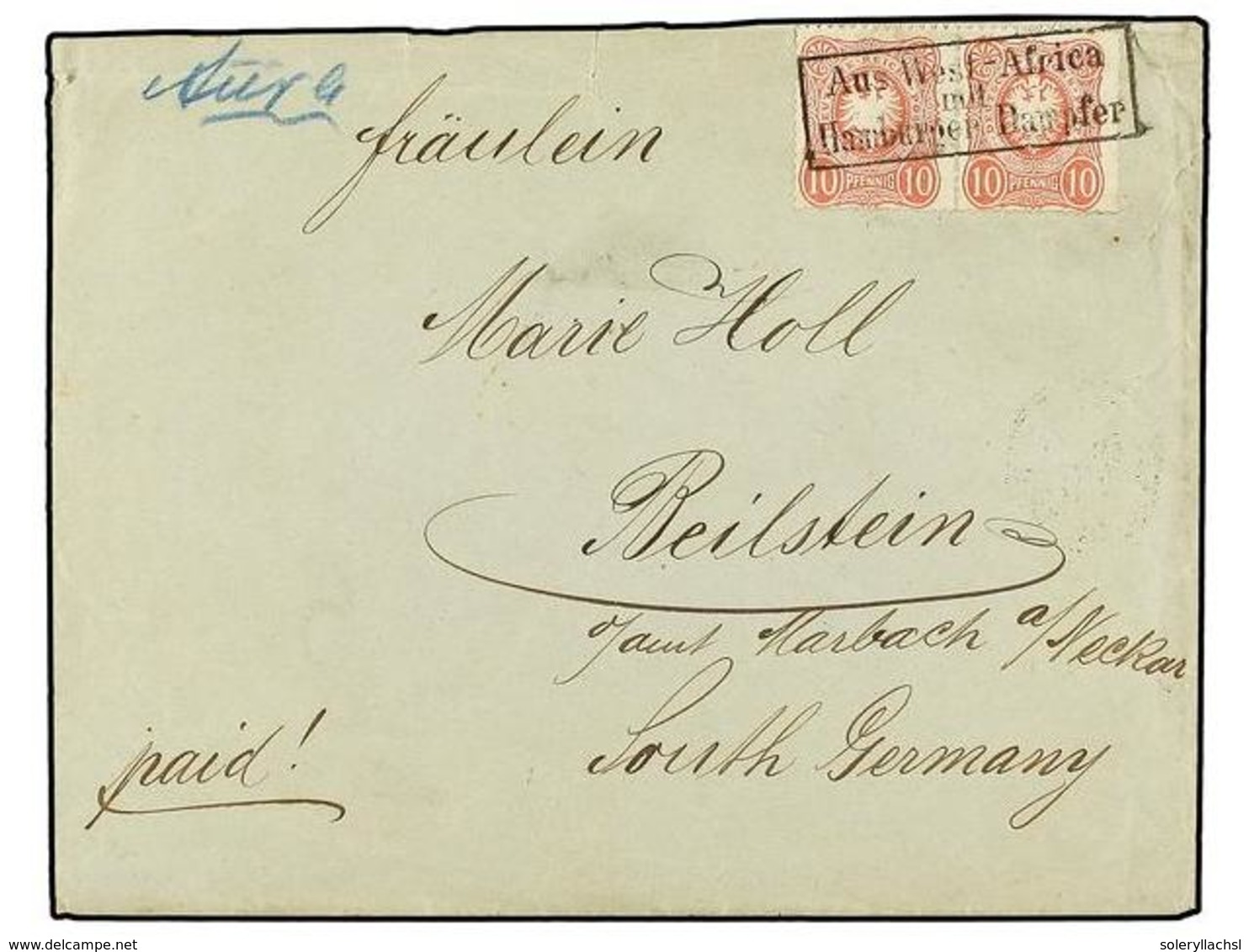 2878 COSTA DE ORO. 1887 (June). Woerman Line Cover To Reilstein, Manuscript <I>'Accra'</I> At Upper Left In Blue, Franke - Other & Unclassified