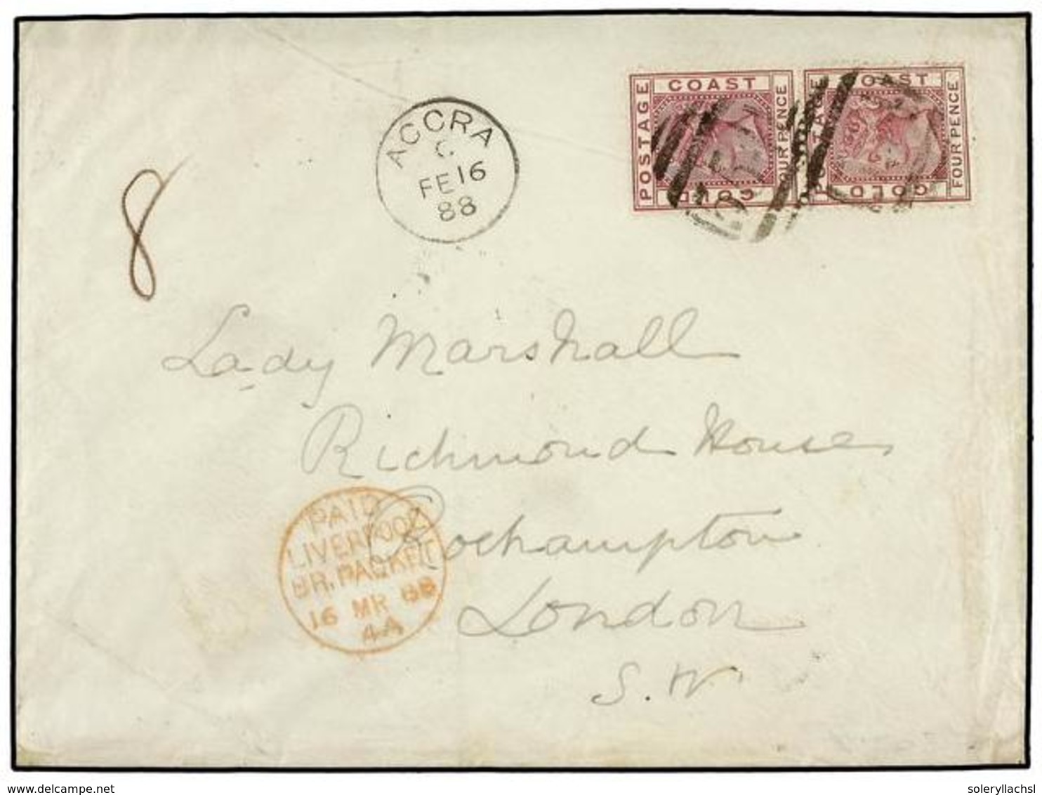 2879 COSTA DE ORO. 1888 (16 Feb.). Envelope To LONDON, Bearing 1885 <B>4 D.</B> Deep Mauve Vertical Pair Affixed Sideway - Sonstige & Ohne Zuordnung