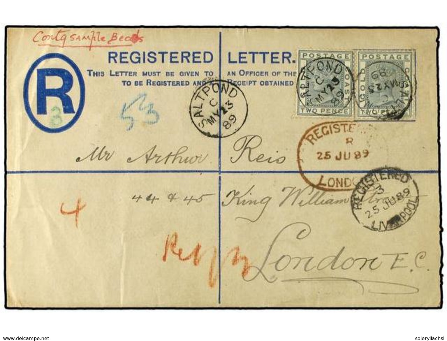 2880 COSTA DE ORO. 1889 (May 23). <B>2d.</B> Postal Stationery Registered Envelope, Size G, Used To London, Endorsed <I> - Sonstige & Ohne Zuordnung