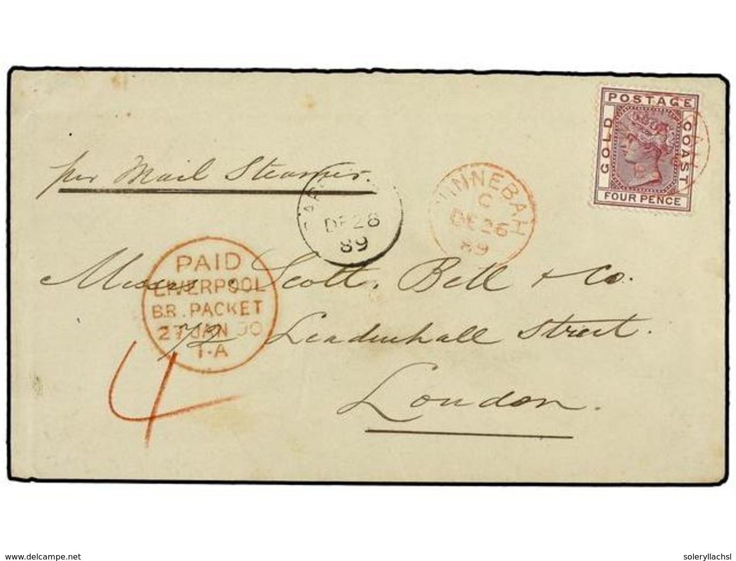 2882 COSTA DE ORO. 1889 (26 Dec.). Envelope To LONDON, Bearing 1885 <B>4 D.</B> Deep Mauve Tied By <B>WINNEBAH</B> Cds I - Sonstige & Ohne Zuordnung