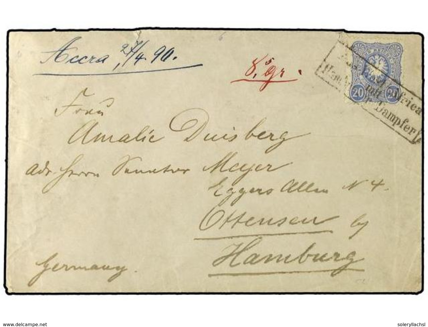 2884 COSTA DE ORO. 1890 (April 27). Woerman Line Cover Endorsed From Accra To Hamburg With Germany 1885 <B>20pf.</B> Ult - Sonstige & Ohne Zuordnung