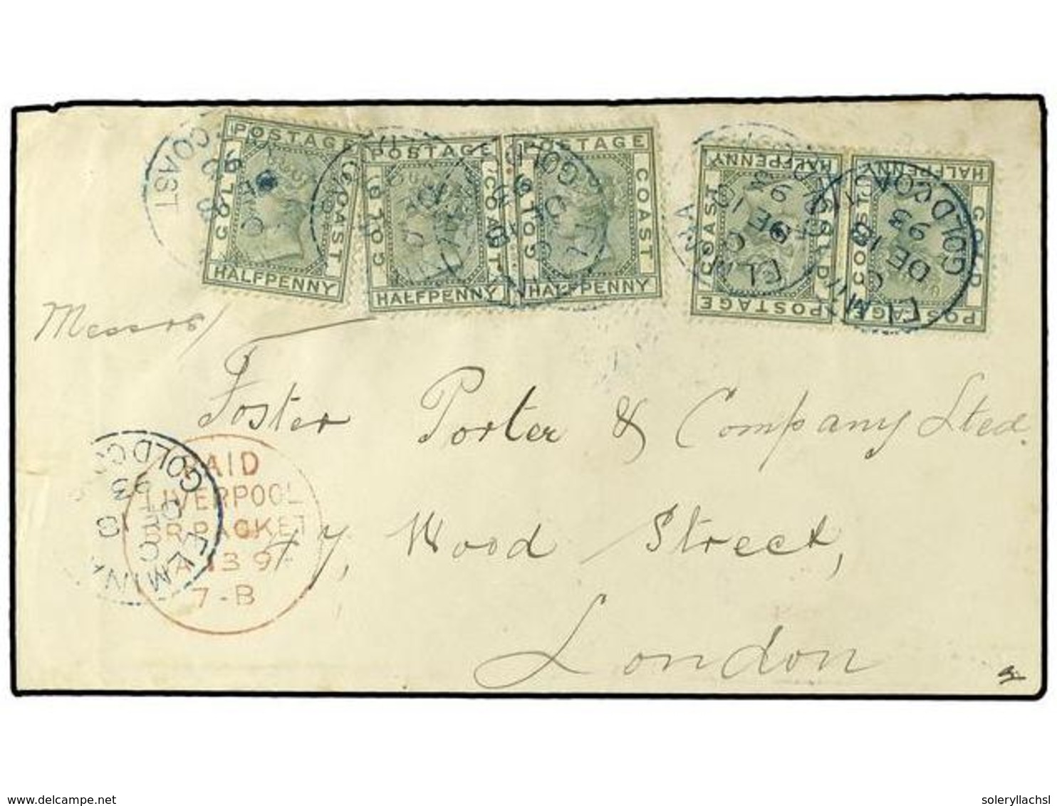 2885 COSTA DE ORO. 1893 (Dec 18). Cover To London Franked By 1884 <B>½d.</B> Dull Green (5) All Tied By Neat Strikes Of  - Sonstige & Ohne Zuordnung