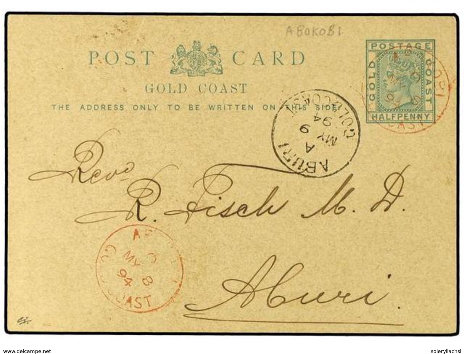 2886 COSTA DE ORO. 1894 (May 8). ½d. Green Postal Stationery Card Used To Aburi Cancelled By Two Superb Strikes Of <B>'A - Other & Unclassified