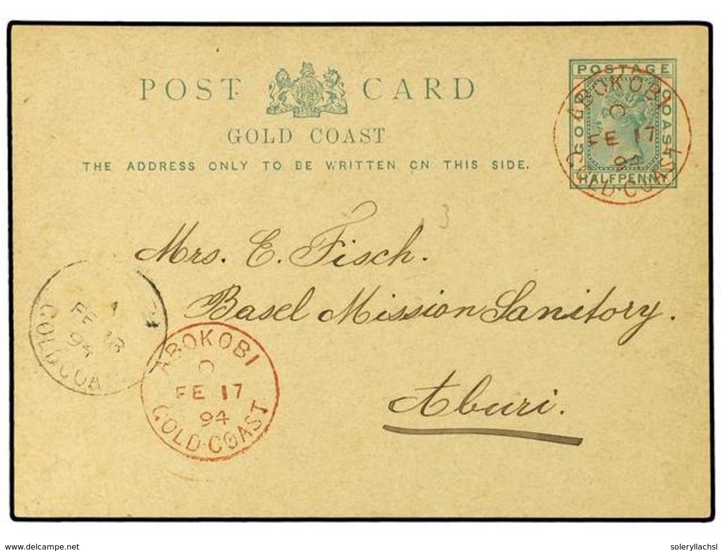 2888 COSTA DE ORO. 1894 (Feb 17). <B>½d.</B> Green Postal Stationery Card Used To Aburi Cancelled By Two Superb Strikes  - Other & Unclassified