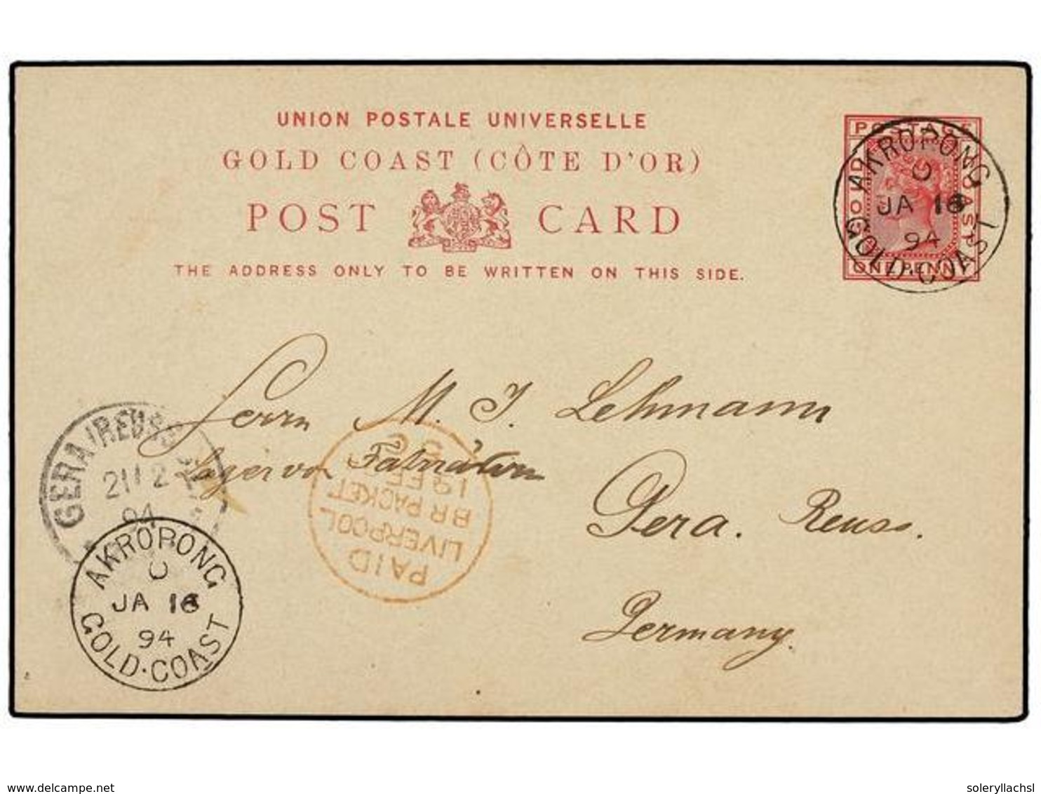 2889 COSTA DE ORO. 1894 (Jan 18). <B>1d.</B> Carmine On Buff Stationery Card Used To Germany Cancelled By Fine Strikes O - Sonstige & Ohne Zuordnung