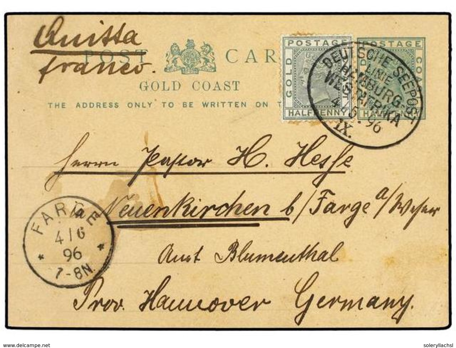 2890 COSTA DE ORO. 1896 (May 4). Gold Coast <B>½d.</B> Green Stationery Card Up-rated With <B>½d. </B>green Adhesive Use - Other & Unclassified