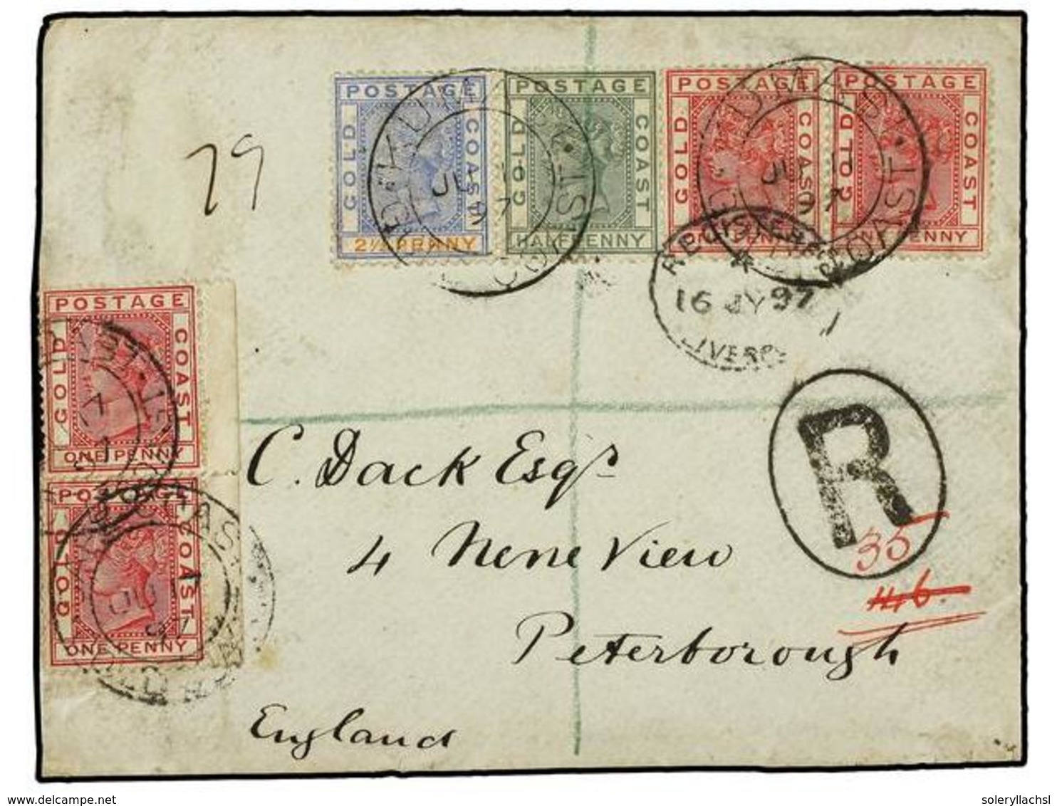 2891 COSTA DE ORO. 1897 (11 June). Double Rate Envelope Registered To PETERBOROUGH, Bearing 1884-91 <B>1/2 D., 1 D.</B>  - Sonstige & Ohne Zuordnung