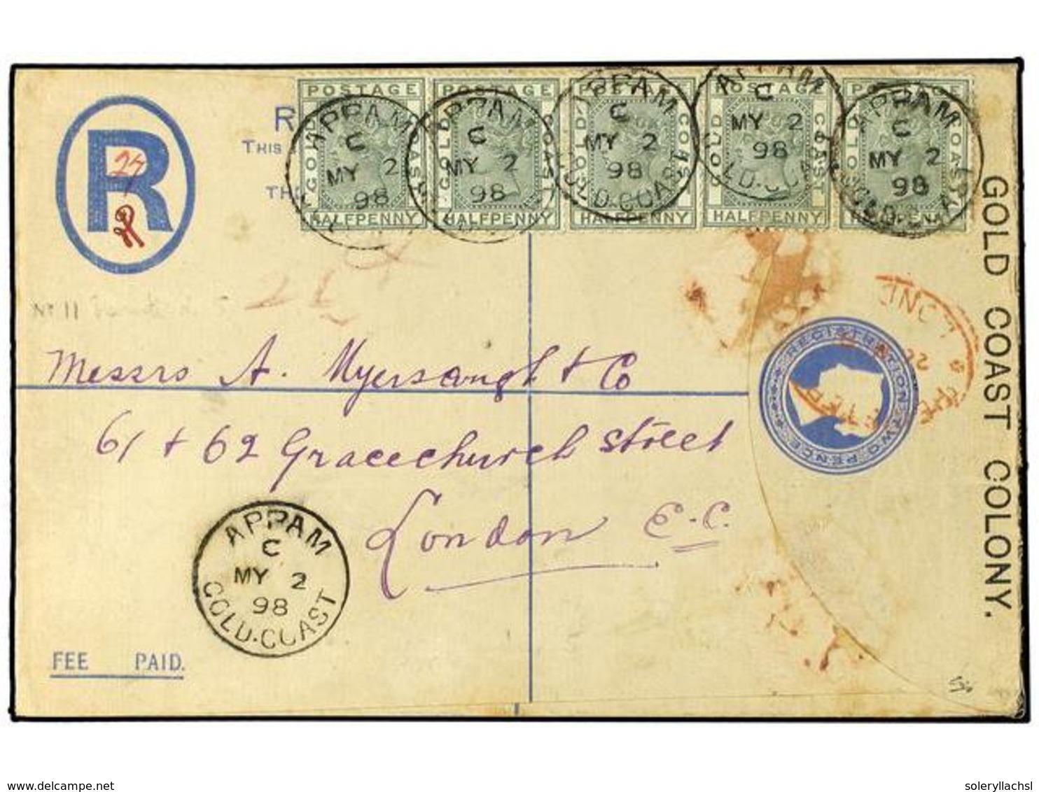 2892 COSTA DE ORO. 1898 (May 2). <B>2d.</B> Blue Registered Postal Stationery Envelope, Size F, Used To London Franked B - Other & Unclassified