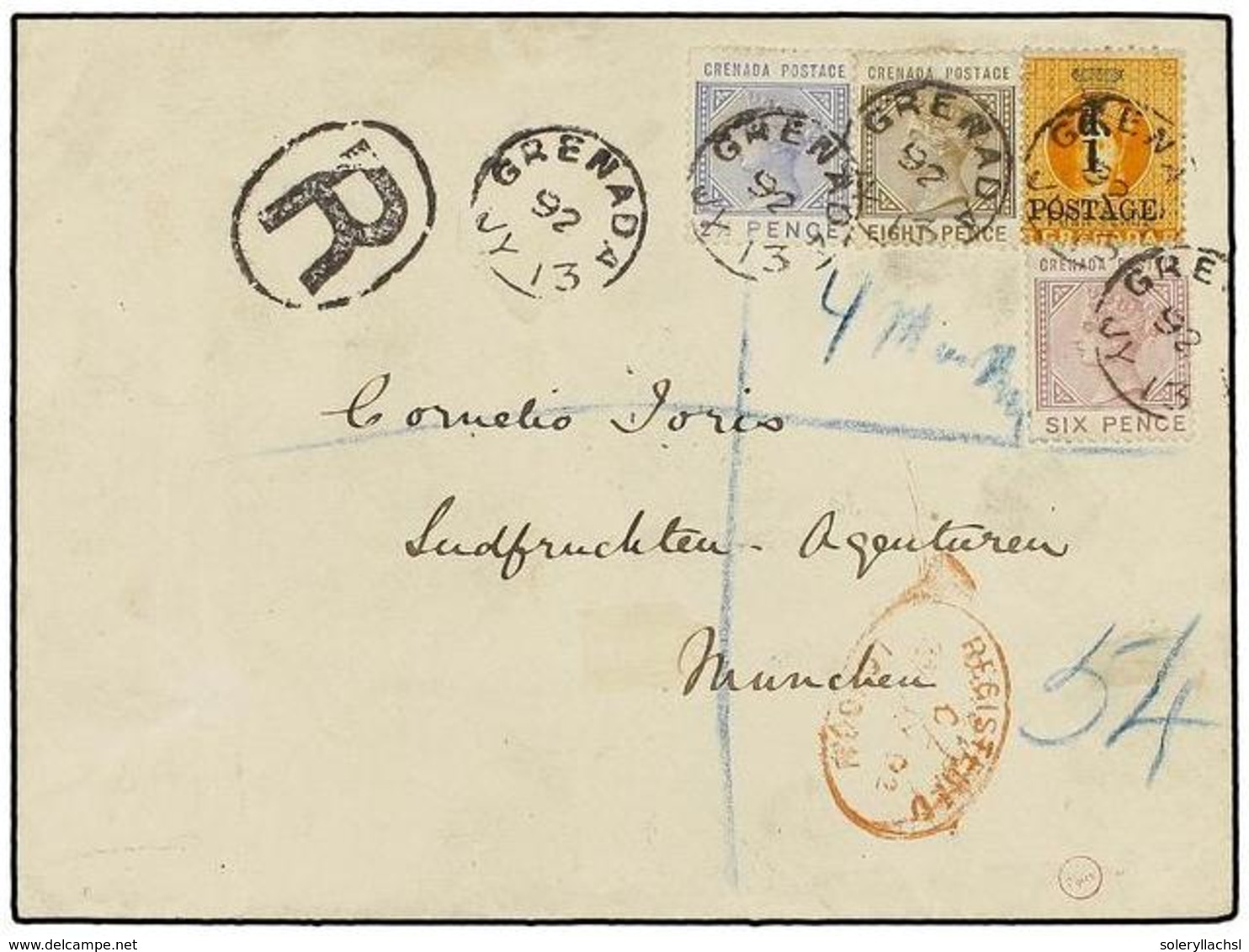 2902 GRENADA: GRENADINAS. 1892. Registered Cover Franked With <B>1883 2 1/2 D., 6 D., </B> And <B>8 D.</B>, Plus <B>1886 - Other & Unclassified