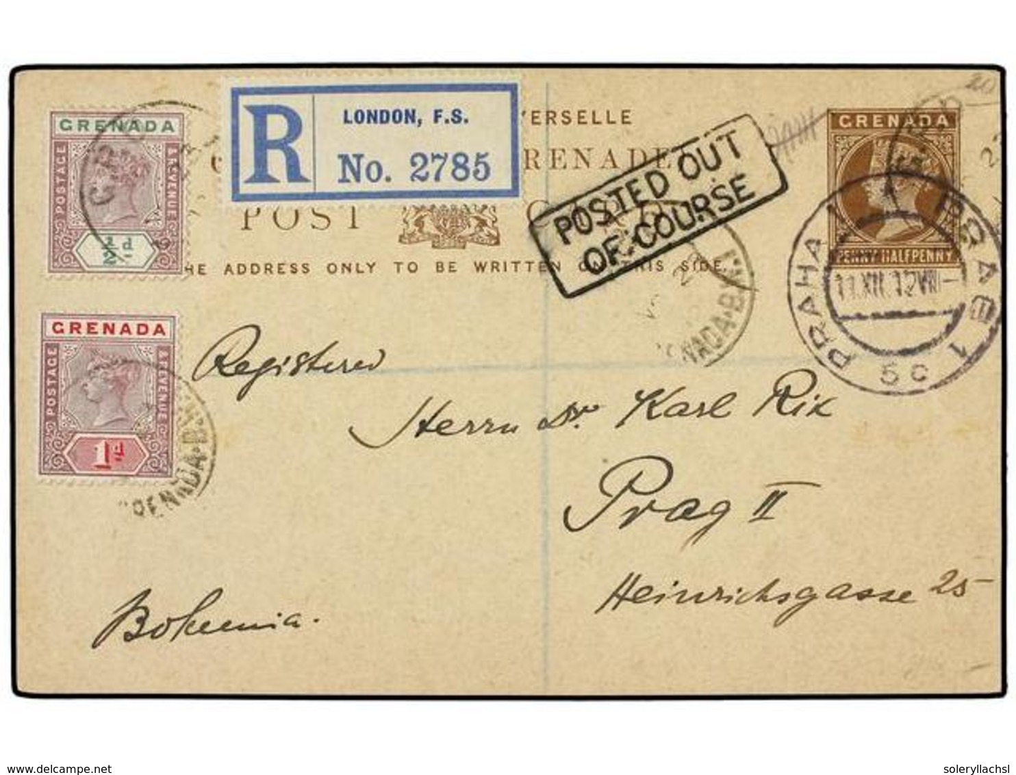 2904 GRANADA. 1912. <B>1½d.</B> Brown On Buff Stationery Card Sent Registered To PRAGUE And Up-rated With 1895-99 <B>½d. - Sonstige & Ohne Zuordnung