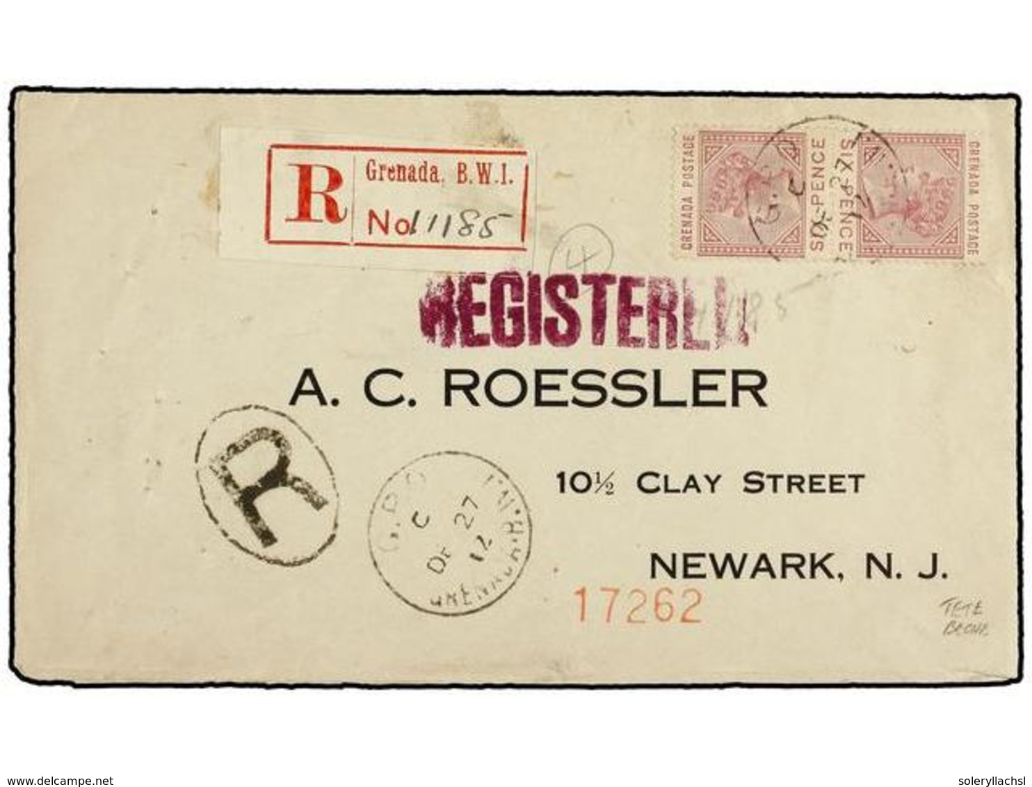 2905 GRENADA: GRENADINAS. 1912. Registered Cover Used To USA Bearing <B>6 D.</B> TETE BECHE Pair SG 34a Tied By The <B>G - Sonstige & Ohne Zuordnung