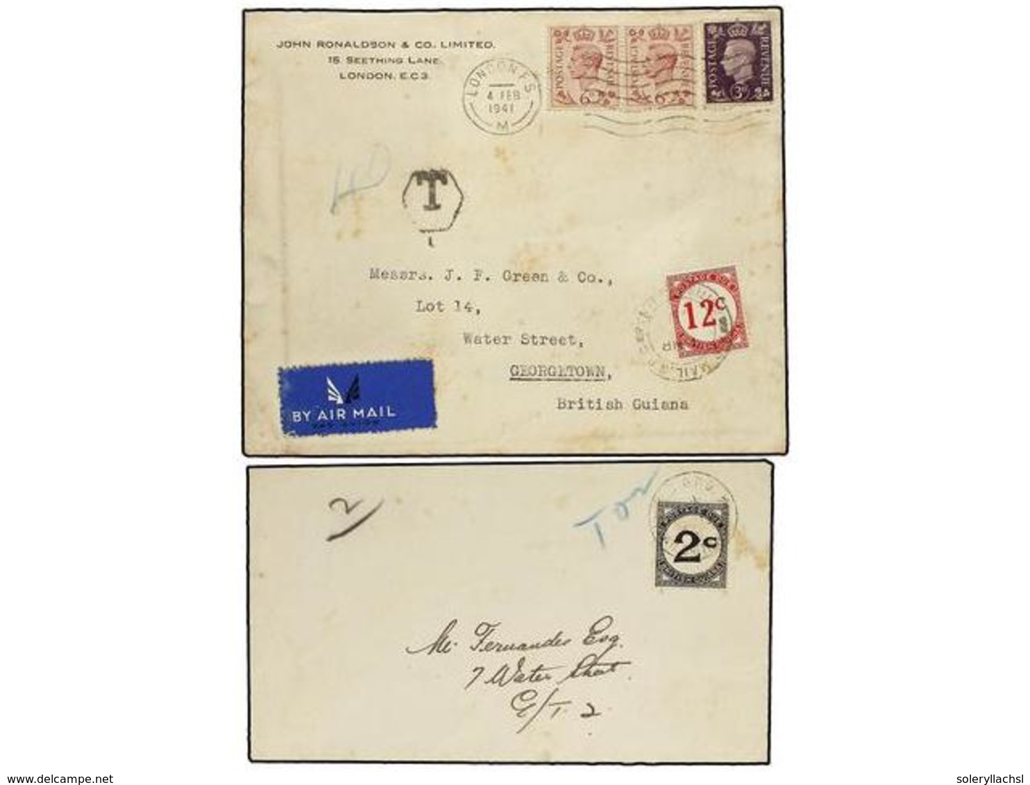 2908 GUAYANA BRITANICA. 1941-45. Two Covers, One Unfranked And From Great Britain Taxed With British Guiana Postage Due  - Other & Unclassified