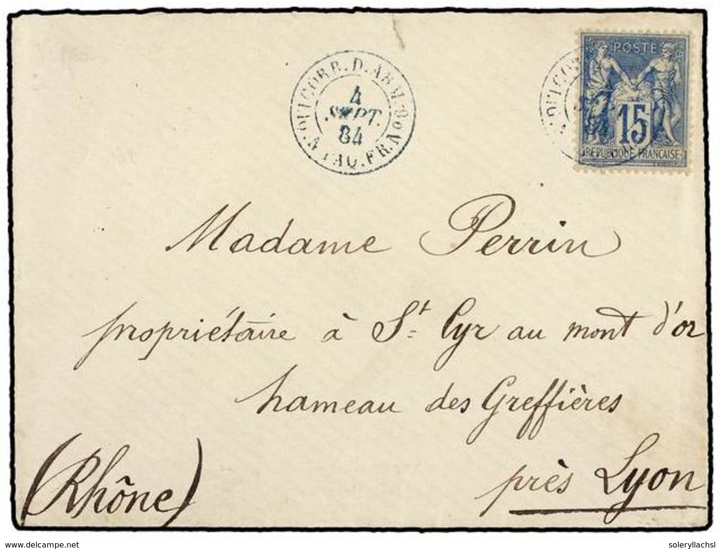 2912 HONG KONG. 1884 (4 Septiembre). HONG KONG A LYON (Francia). Circulada Con Sello Francés De <B>15 Cts.</B> Azul (tar - Other & Unclassified