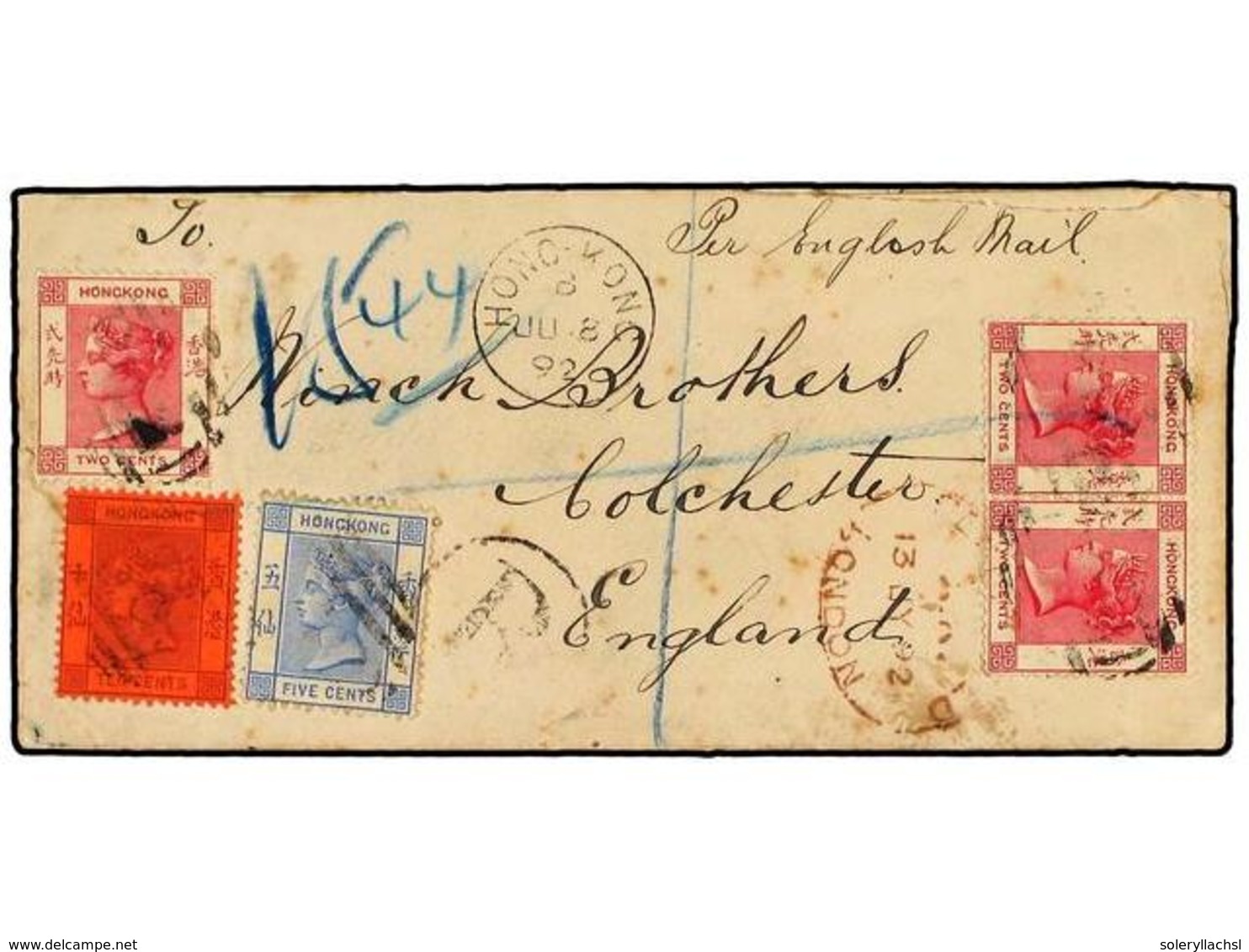 2913 HONG KONG. 1892. Registered Cover To GB Franked By 1882 <B>3x2 C.</B> Rose, <B>5 C.</B> Ultramarine And <B>10 C.</B - Sonstige & Ohne Zuordnung