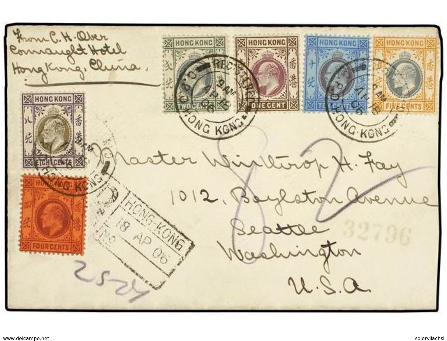 2919 HONG KONG. 1906. Registered Cover To WASHINGTON STATE Franked By 1903-06 <B>1 C., 2 C., 4 C., 5 C., 8 C.</B> And <B - Sonstige & Ohne Zuordnung