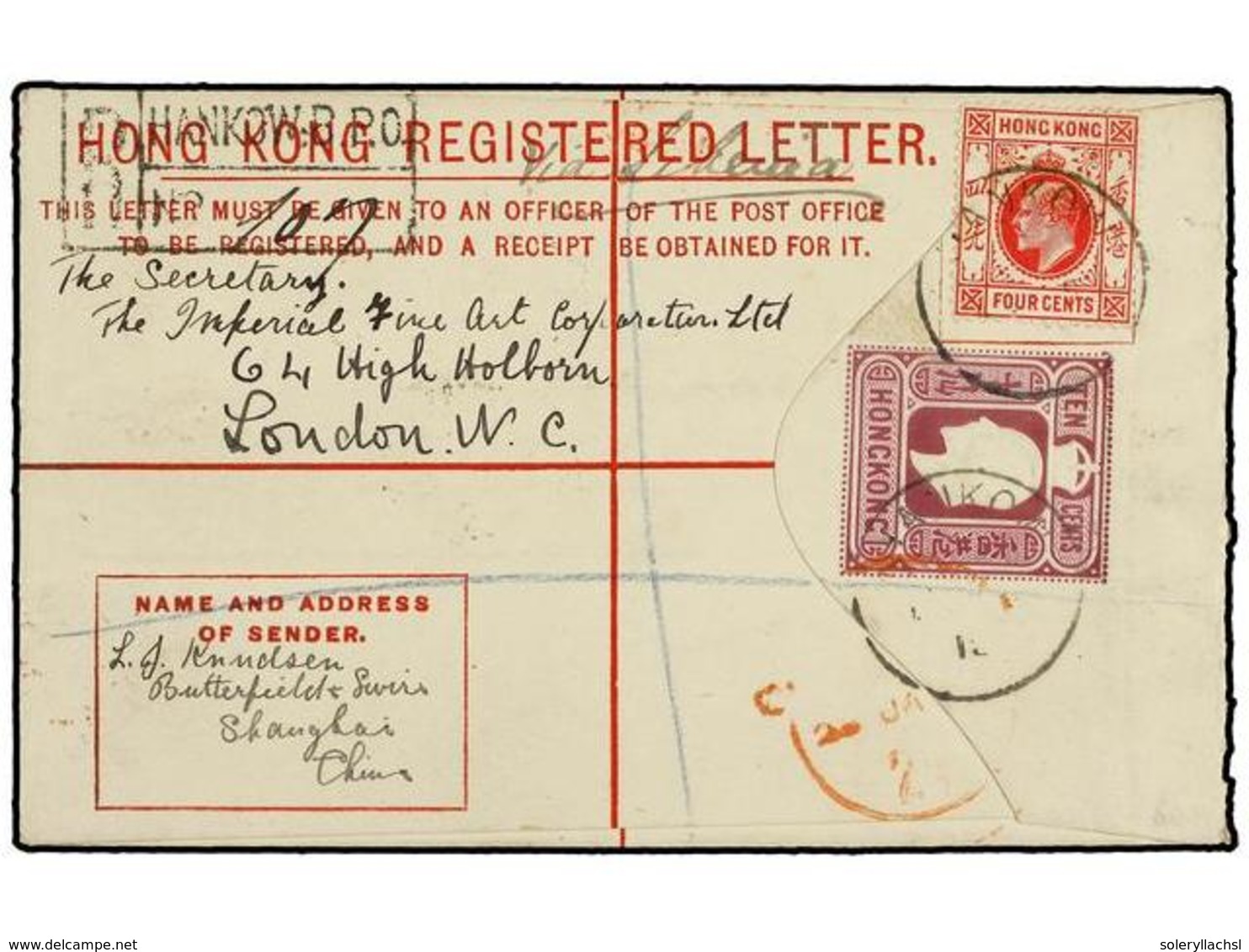 2922 HONG KONG. 1915. Registered Postal Stationary Envelope <B>10 Cents</B> Violet Upgraded With <B>4 Cents</B> Red (SG  - Sonstige & Ohne Zuordnung