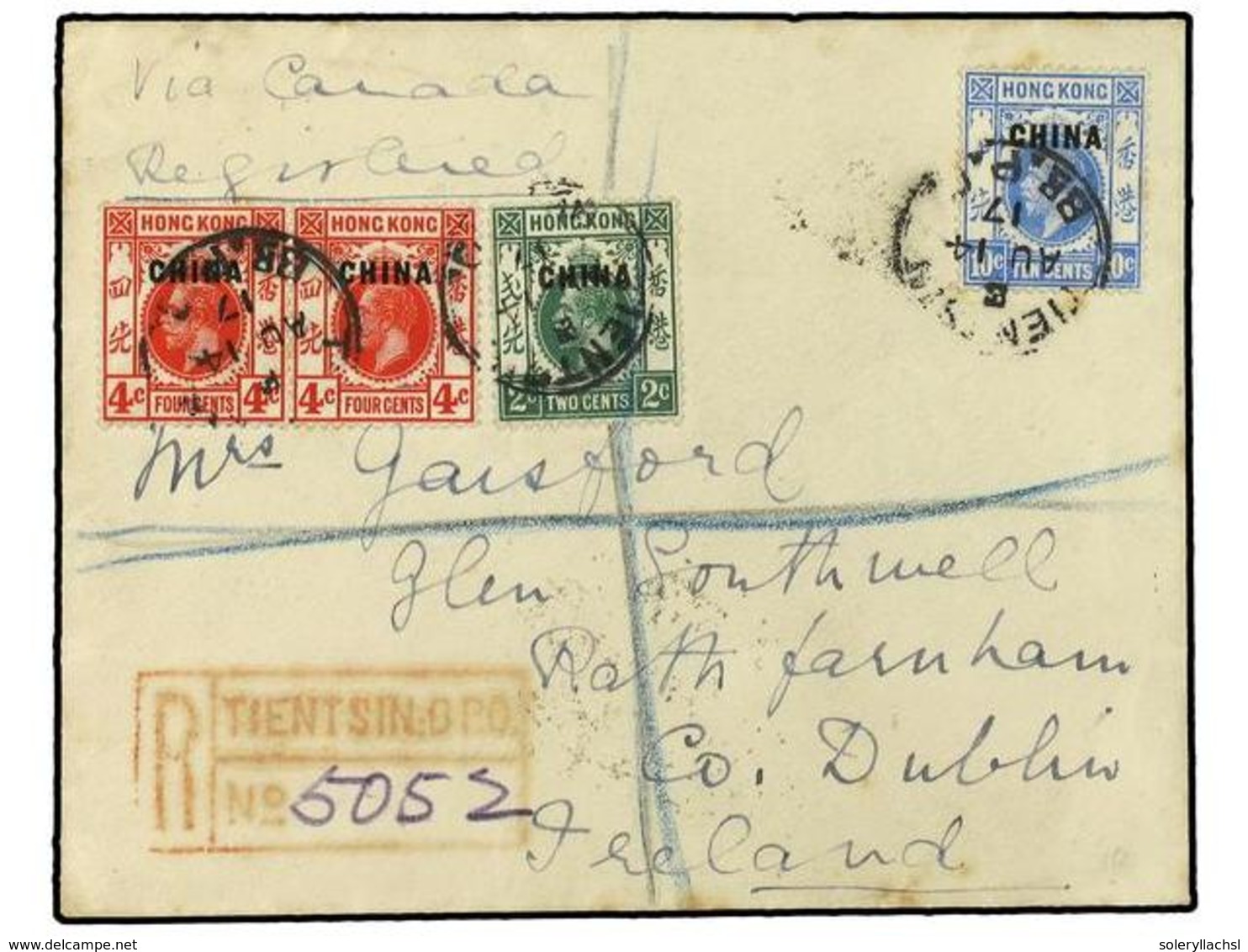 2923 HONG KONG. 1917. <B>BRITISH POST OFFICES</B>. Registered Envelope To IRELAND Bearing <B>2 Cents</B> Green (SG 2), < - Other & Unclassified