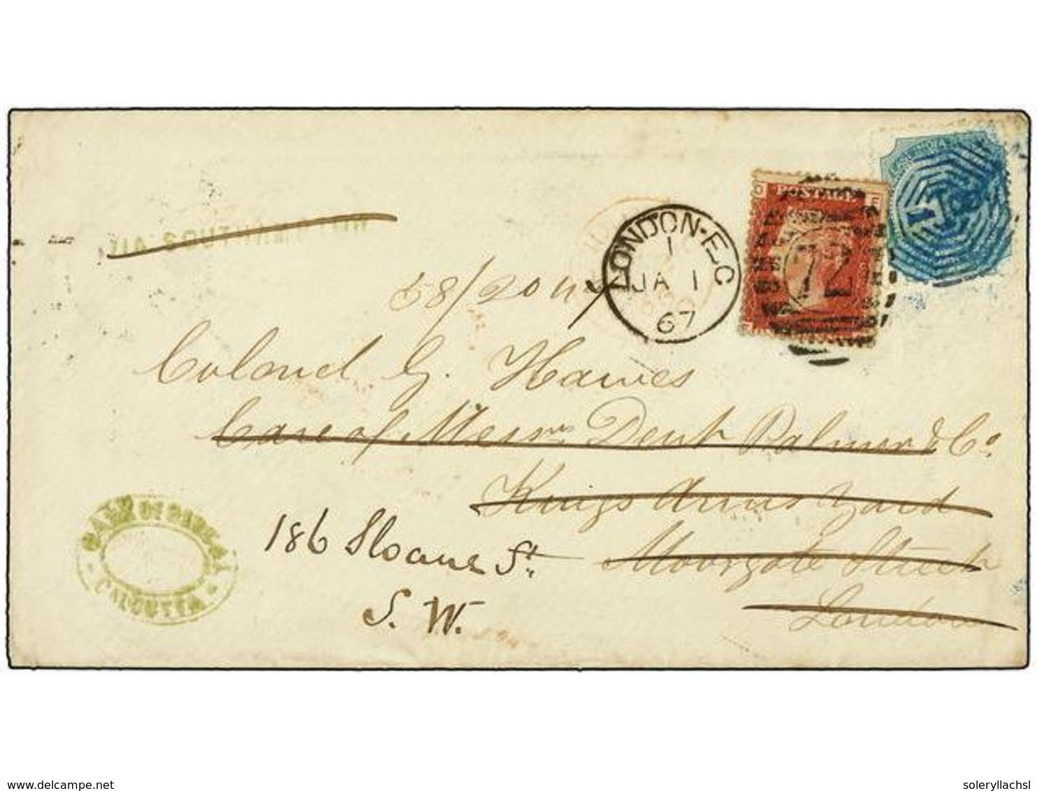 2936 INDIA. 1867. CALCUTTA To LONDON. <B>4 Annas</B> Green Redirected With Great Britain <B>1 P.</B> Red Stamp. - Other & Unclassified