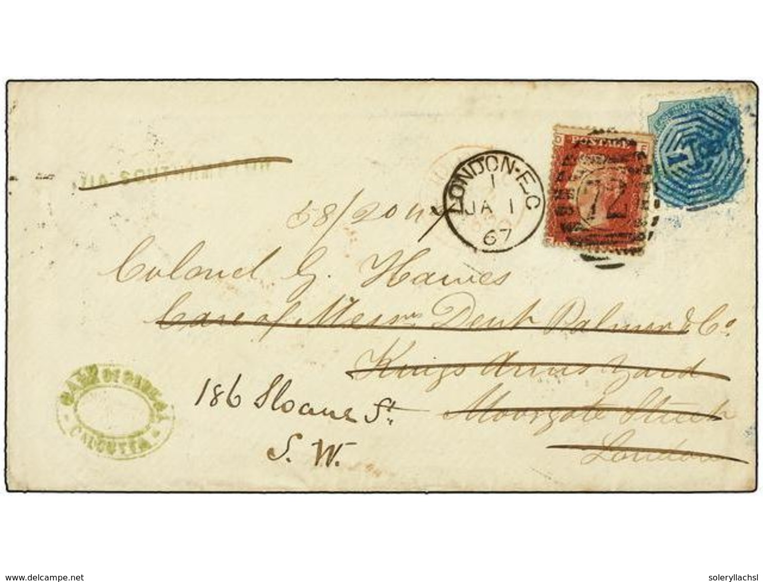 2936 INDIA. 1867. CALCUTTA To LONDON. <B>4 Annas</B> Green Redirected With Great Britain <B>1 P.</B> Red Stamp. - Sonstige & Ohne Zuordnung