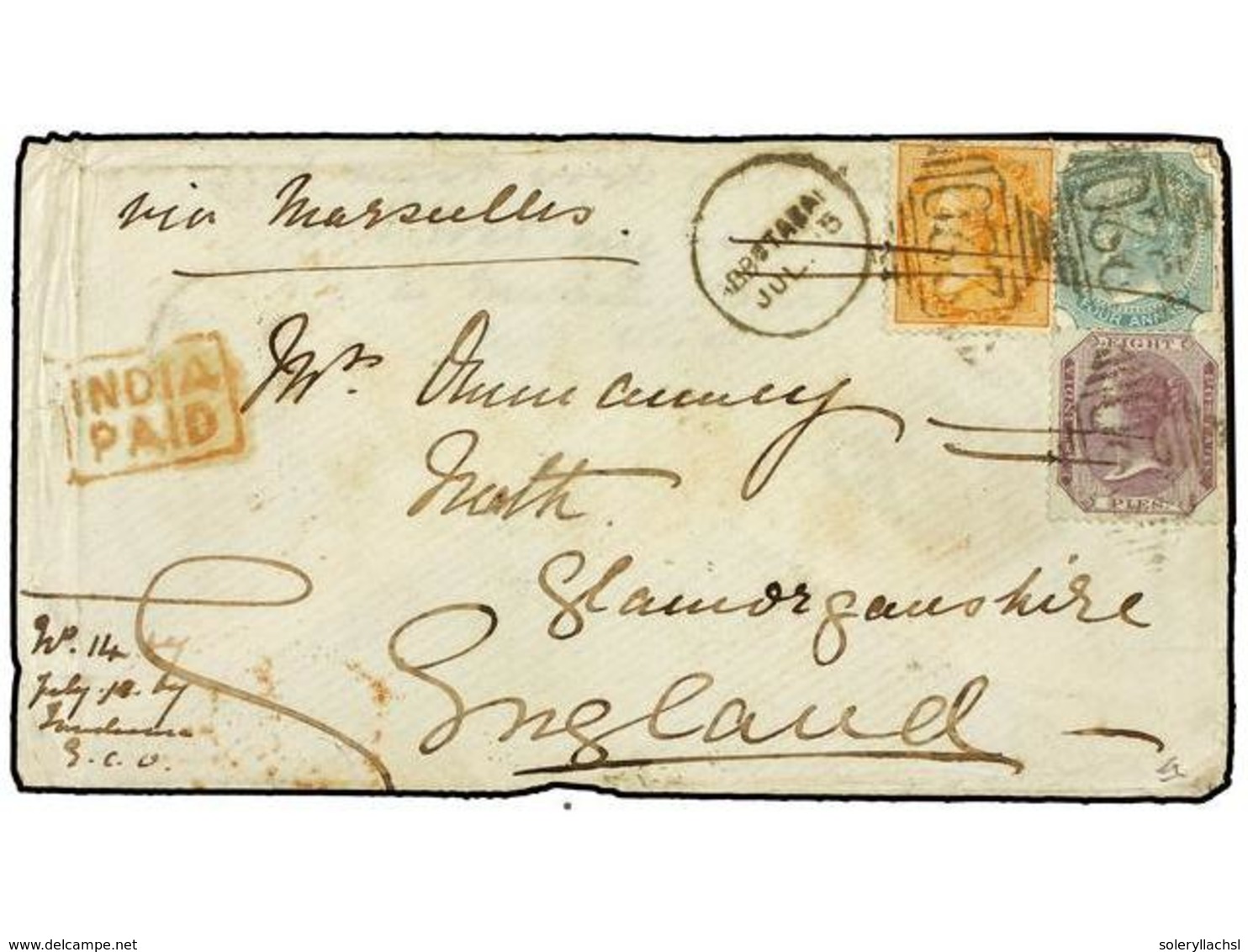 2937 INDIA. Sg.51,62,69. 1867 (July 5). Cover To NEATH (Wales) Endorsed 'via Marseilles' Franked By Scarce 1860 <B>8p.</ - Sonstige & Ohne Zuordnung