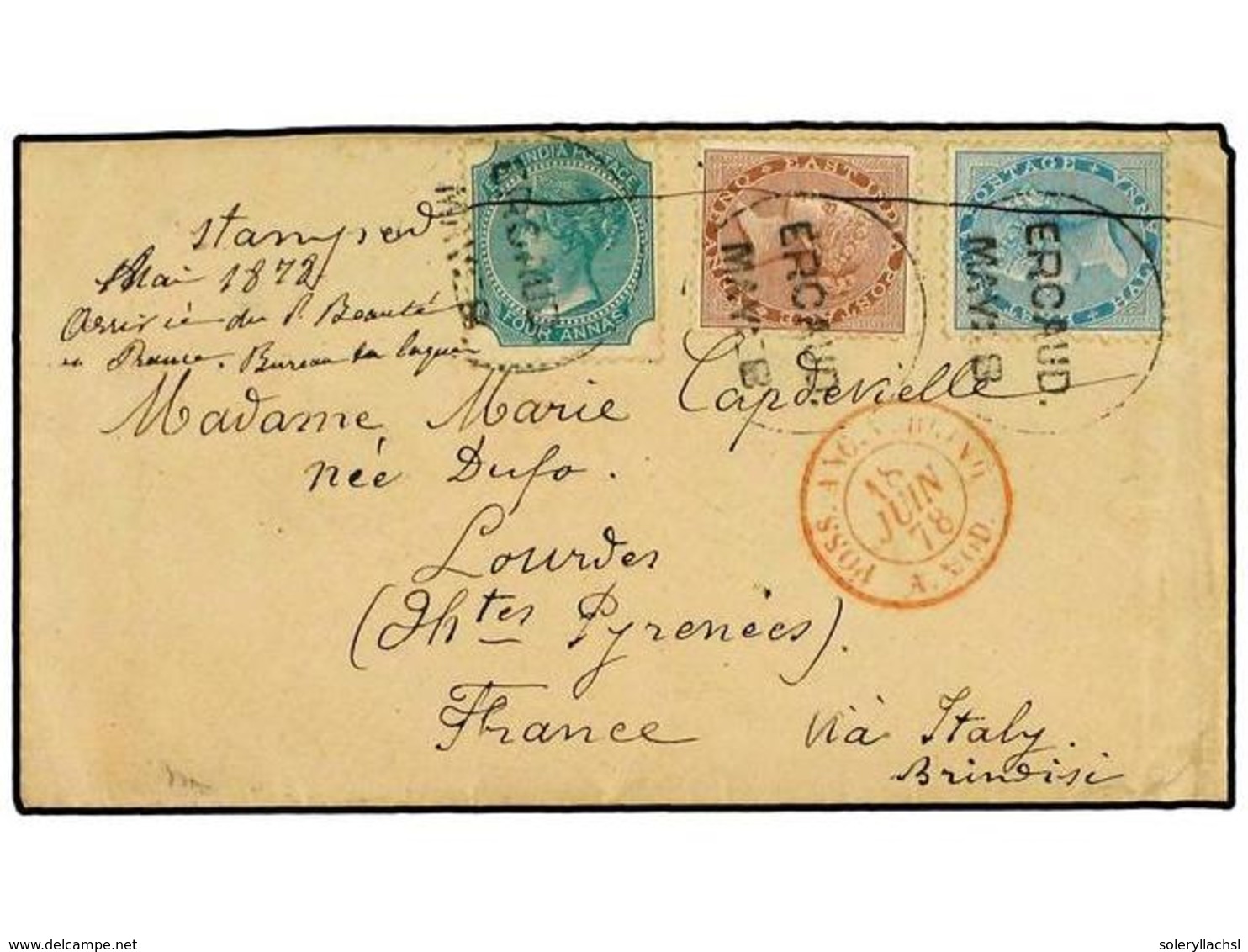2944 INDIA INGLESA. 1878. Cover To FRANCE With 1865-66 <B>1/2 A.</B> Pale Blue, <B>1 A.</B> Brown And <B>4 A.</B> Green  - Sonstige & Ohne Zuordnung