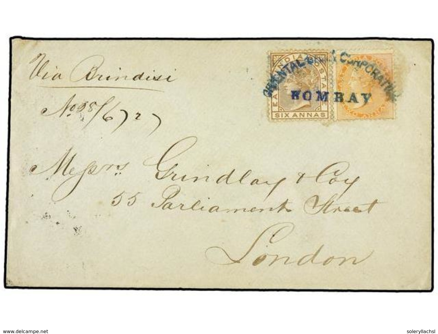 2945 INDIA INGLESA. 1878. BOMBAY A LONDRES. <B>2 Anna</B> Y <B>6 Annas.</B> Mat. Comercial Ovalado En Azul. MAGNÍFICA. - Sonstige & Ohne Zuordnung