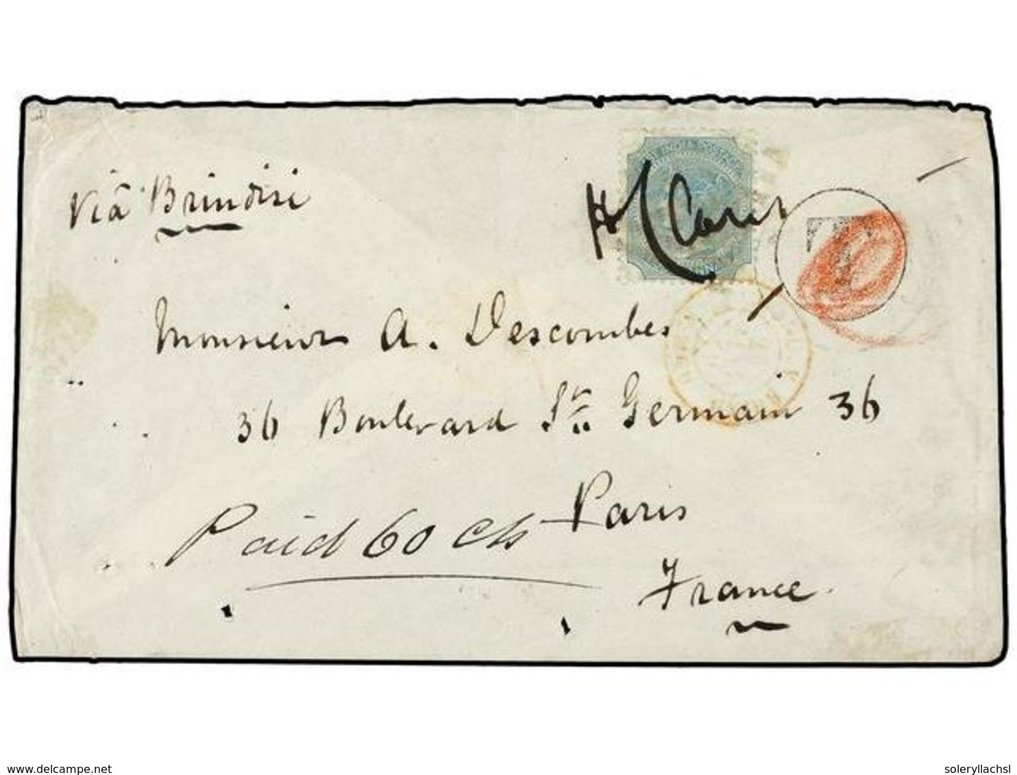 2946 INDIA INGLESA. Sg.71. 1879. Cover To PARIS Franked By Single 1866-1878 <B>4a.</B> Green Tied By <B>NUMERAL OBLITERA - Sonstige & Ohne Zuordnung