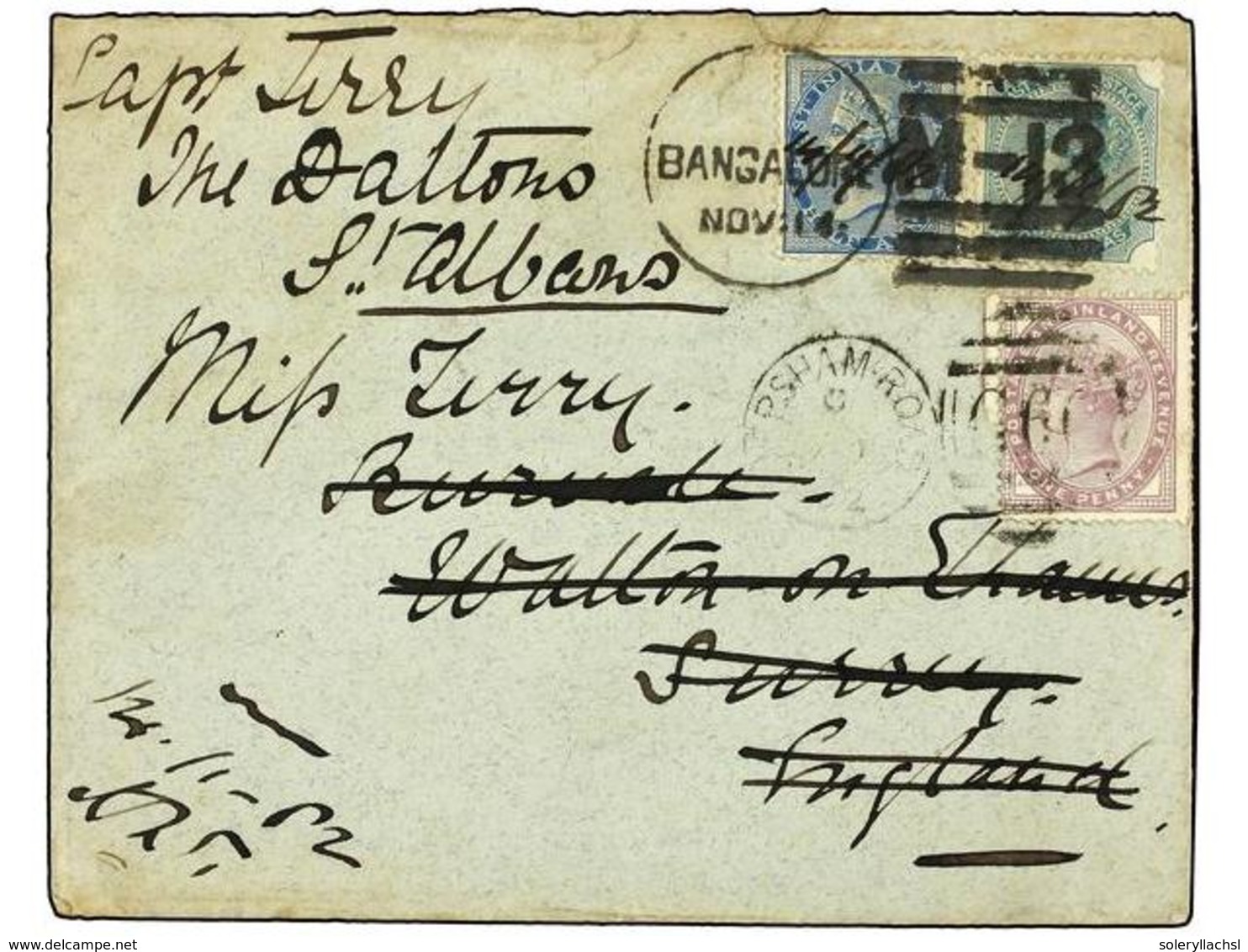 2948 INDIA. 1882. BANGALORE To SURREY (England). <B>1/2 Anna</B> Blue And <B>4 Annas</B> Green Redirected To ST. ALBANS  - Sonstige & Ohne Zuordnung