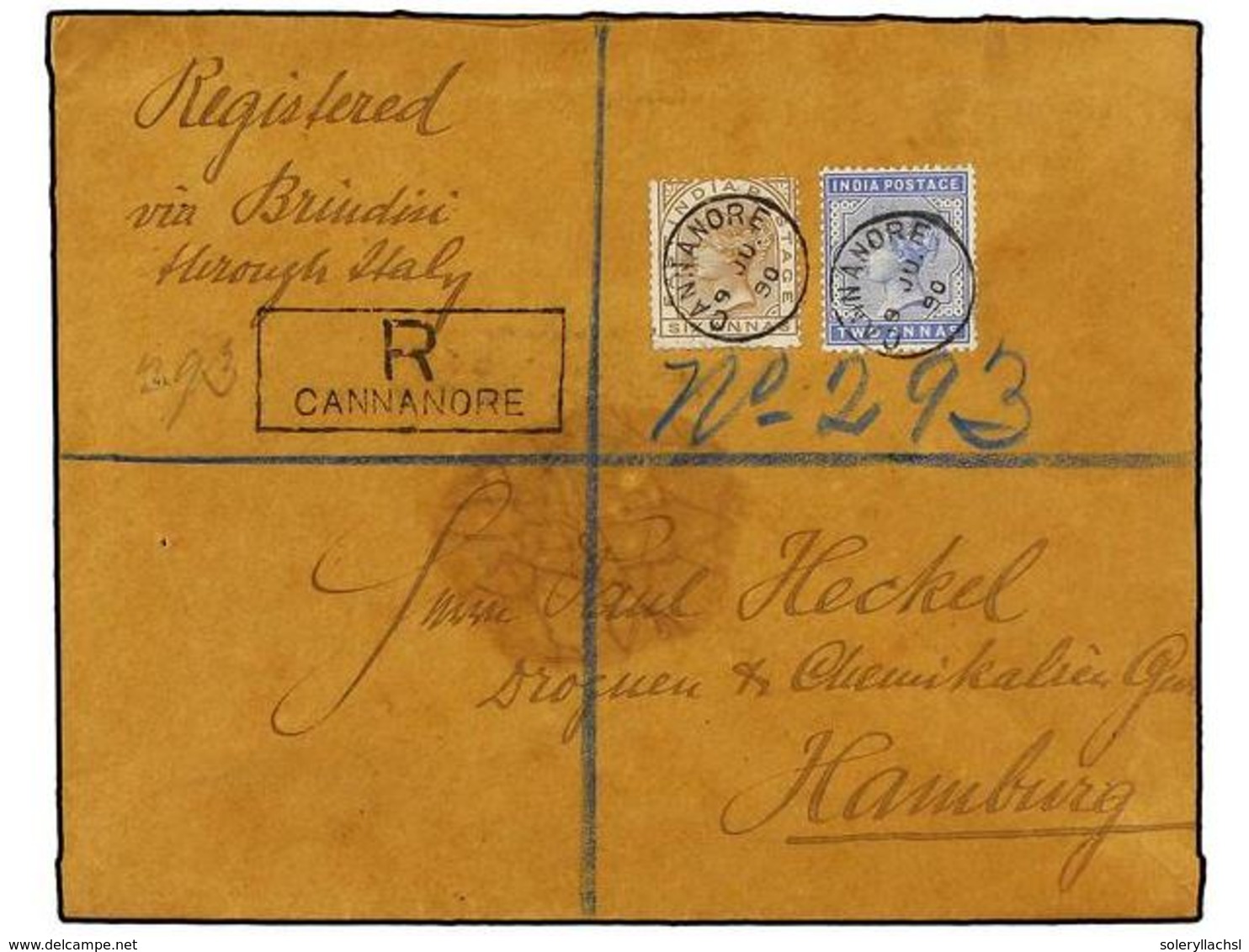 2952 INDIA INGLESA. 1890. CANNANORE To HAMBURG. <B>2 A.</B> Blue And <B>6 A.</B> Brown, Registered Cover, Arrival On Bac - Other & Unclassified