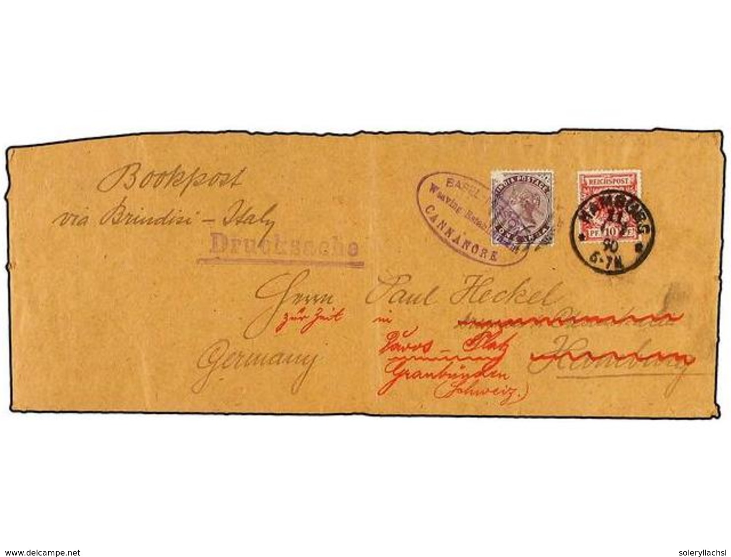 2954 INDIA INGLESA. 1890 (June 9). Printed Matter 'Bookpost Via Brindisi, Italy' Cover To GERMANY Franked By India <B>1  - Other & Unclassified