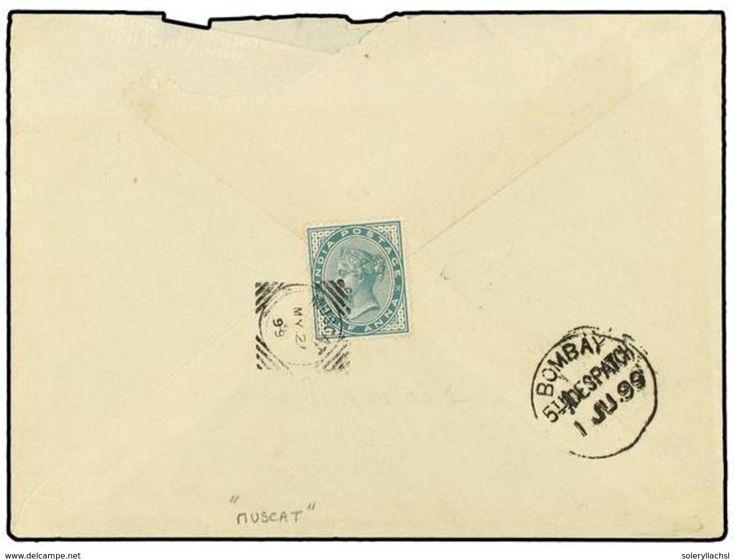 2955 INDIA INGLESA. 1899 (May 27). Cover To Bombay Franked On Reverse With India 1882-90 <B>½a.</B> Green Tied By Good S - Other & Unclassified