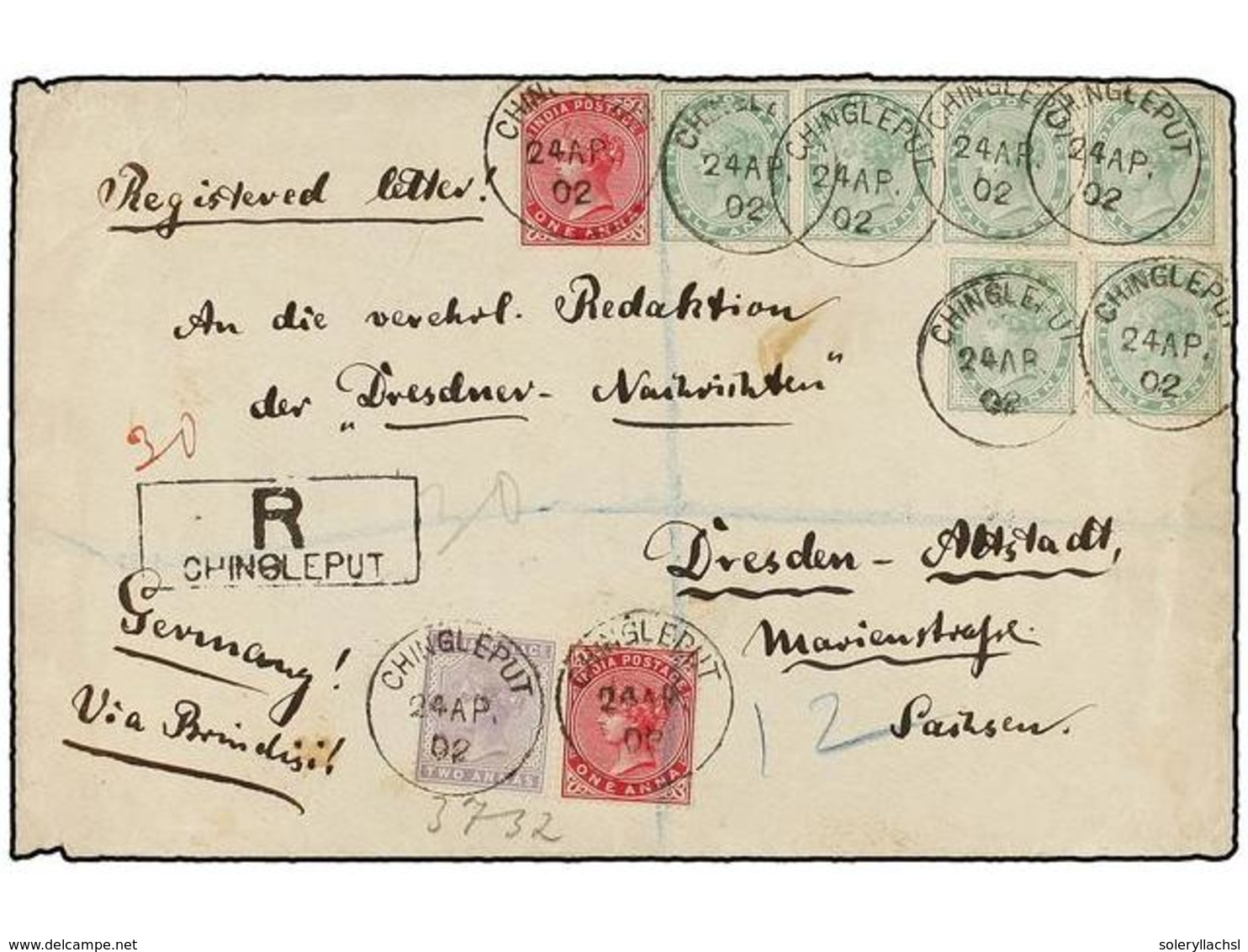 2956 INDIA INGLESA. 1902. CHINGLETPUT To GERMANY. <B>1/2 Anna</B> (6), <B>1 Anna </B>(2),<B> 2 Annas</B> Sent Registered - Sonstige & Ohne Zuordnung