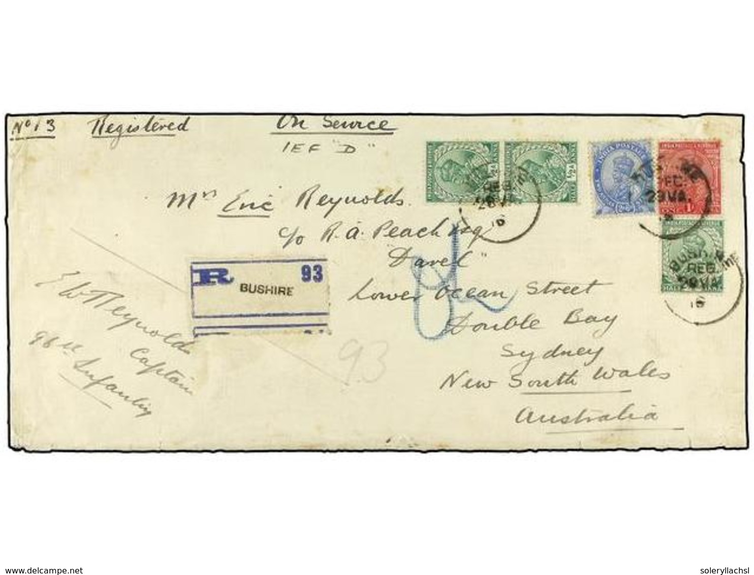 2957 INDIA INGLESA. 1916 (May 28). Large Part Registered Cover From BUSHIRE To AUSTRALIA, Endorsed 'On Service/IEF 'D' W - Sonstige & Ohne Zuordnung