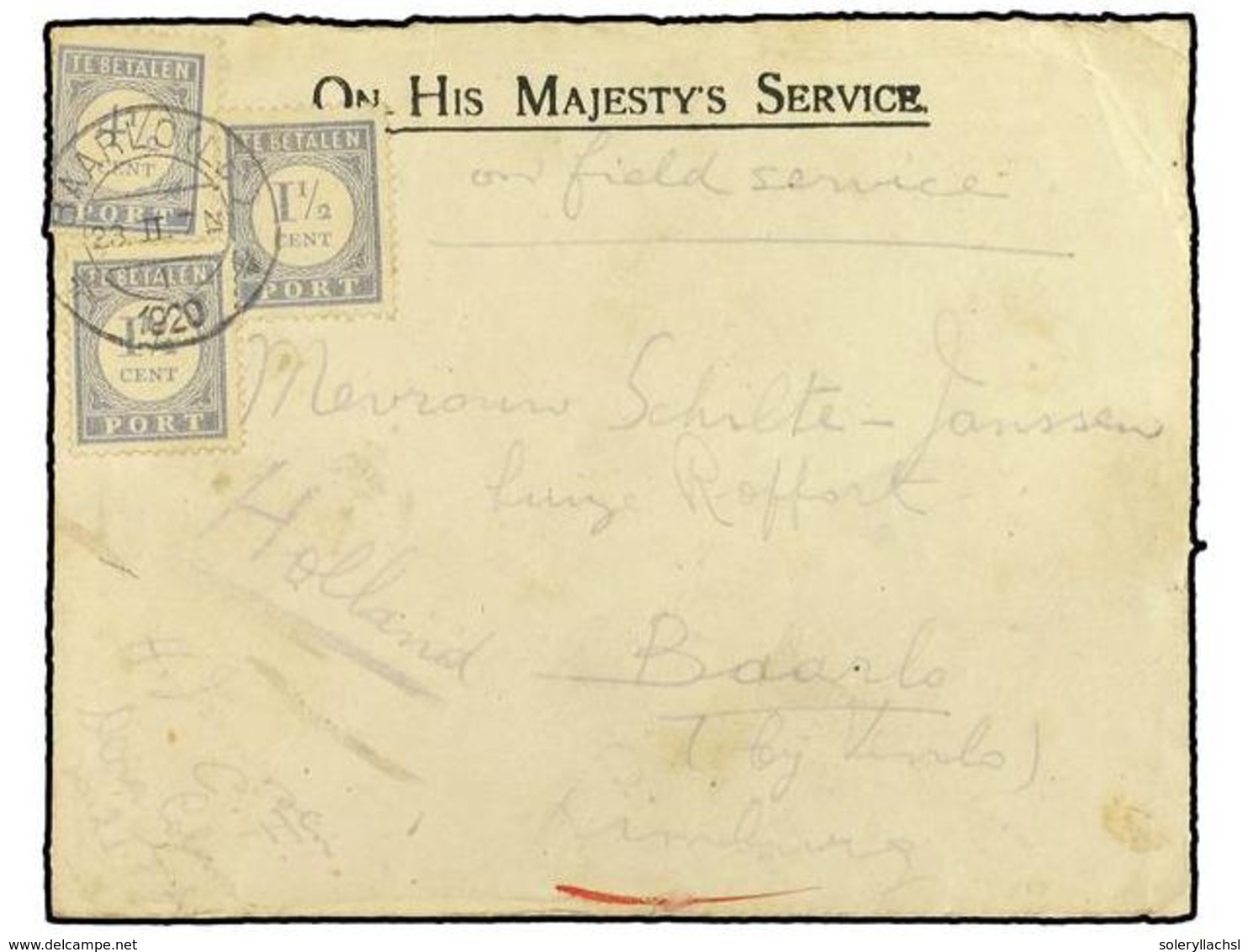 2958 INDIA INGLESA. 1920. Military Mail Envelope From The Dera Column Endorsed 'On Field Service' And Sent From 'H. Jans - Other & Unclassified