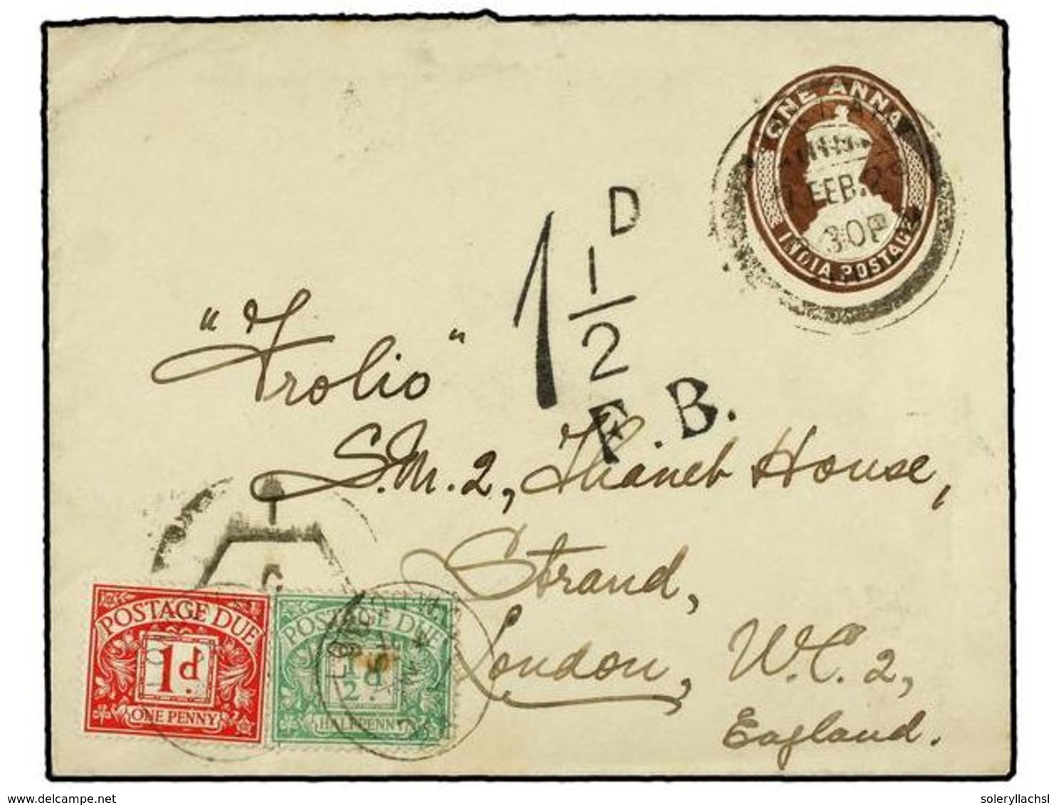 2960 INDIA. 1929. DALLAH To LONDON. <B>1 Anna</B> Brown Envelope, Taxed On Arrival With Great Britain <B>1/2 D.</B> Gree - Sonstige & Ohne Zuordnung