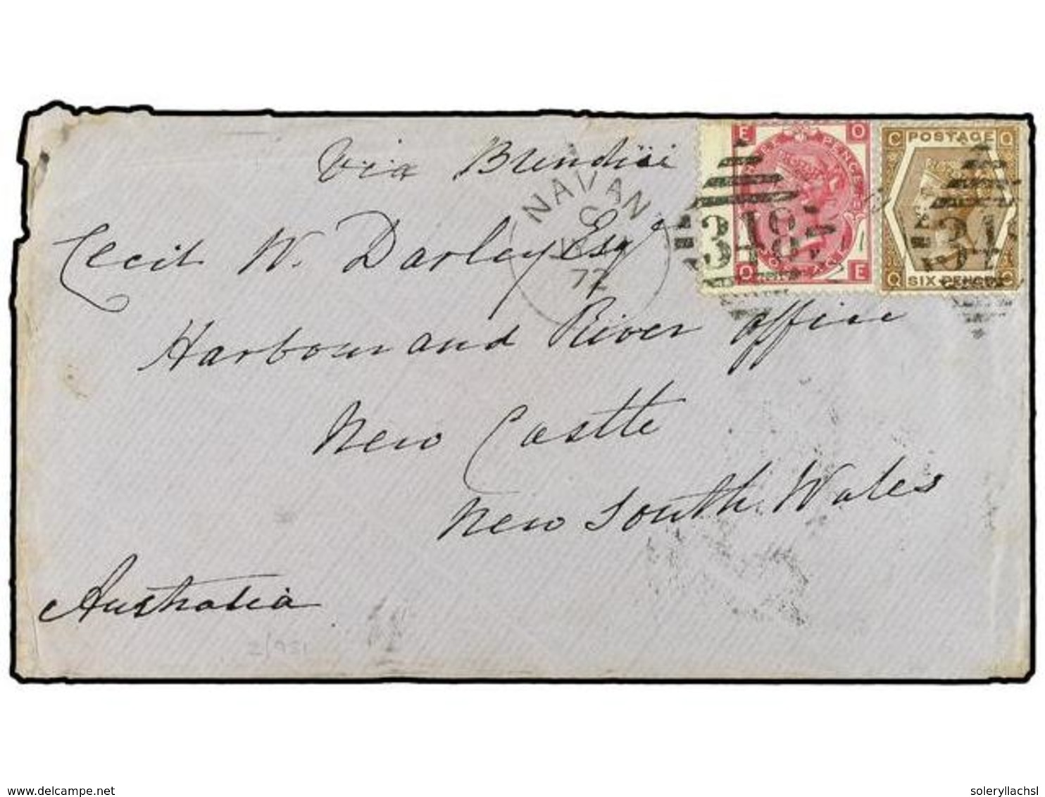 2978 IRLANDA. 1872. Envelope To Australia Bearing <B>3 D</B> Rose Plate 8 (SG 103) And<B> 6 D</B> Chestnut Plate 11 (SG  - Other & Unclassified