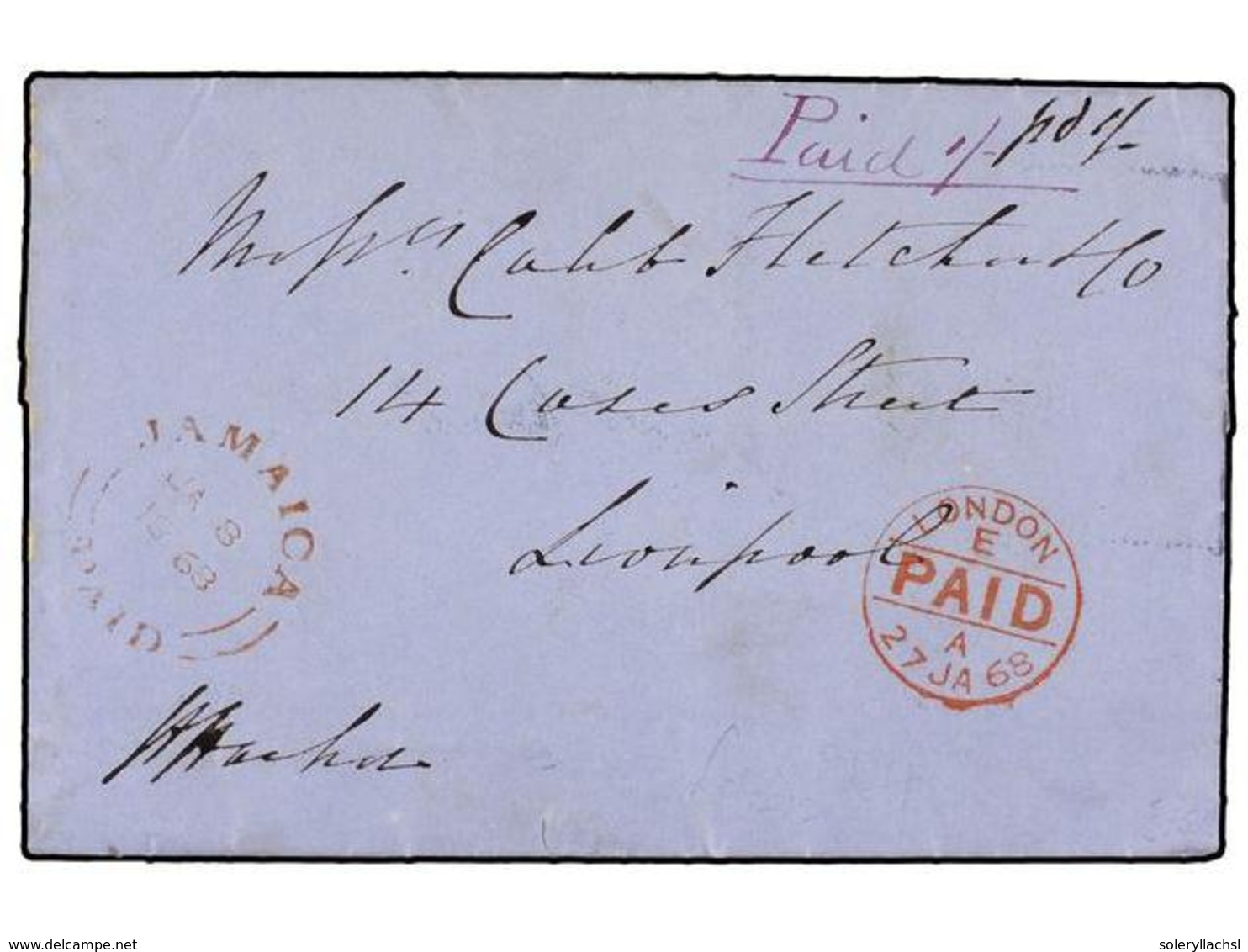 2979 JAMAICA. 1868. GREEN ISLAND To GREAT BRITAIN. Entire Letter With <B>JAMAICA/PAID</B> Cds And Manuscript <I>'PAID 1/ - Sonstige & Ohne Zuordnung