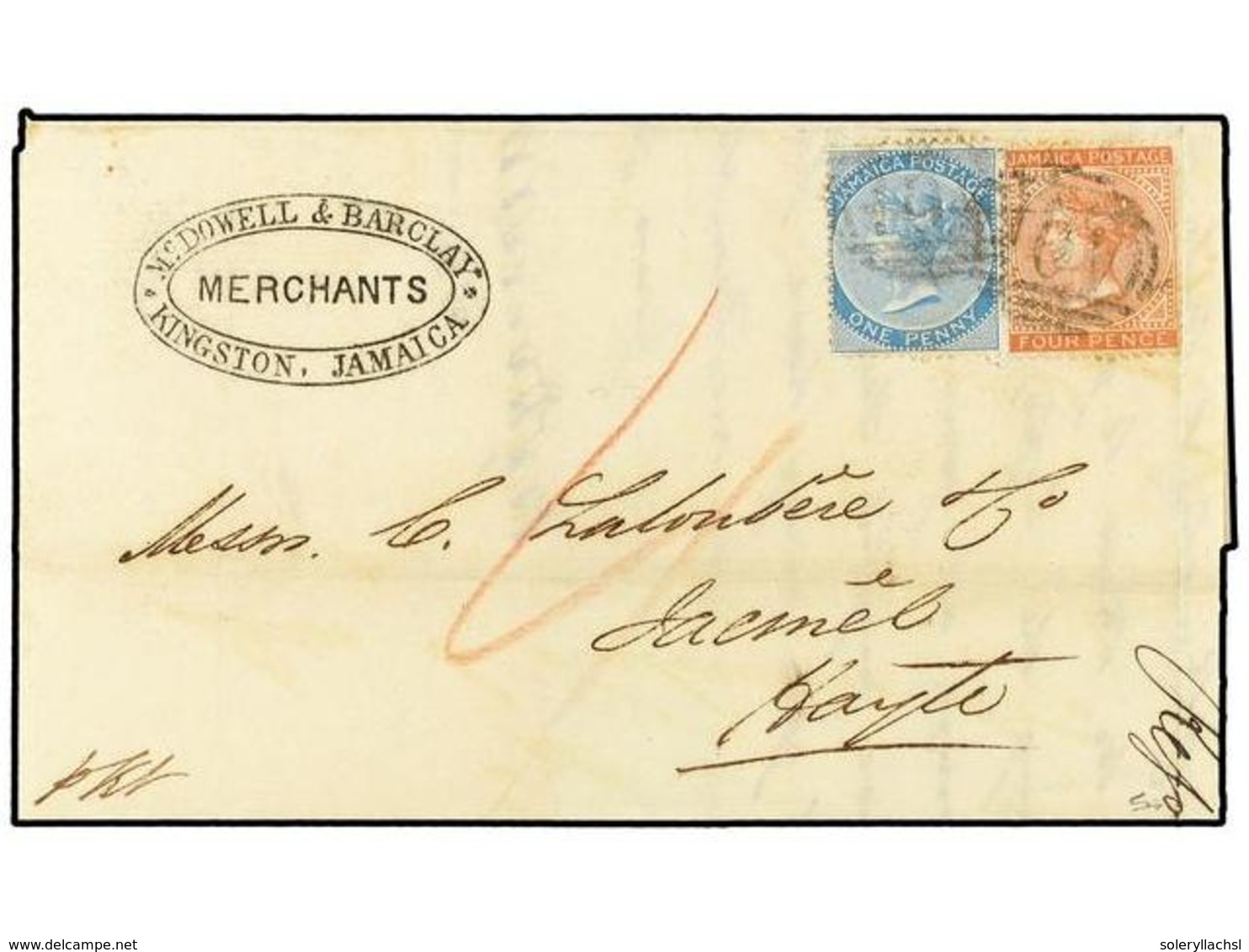 2980 JAMAICA. 1874 (Sept 24). Entire Letter From Kingston To Jacmel, Haiti With Manuscript '4' In Red (Inter-island Rate - Other & Unclassified