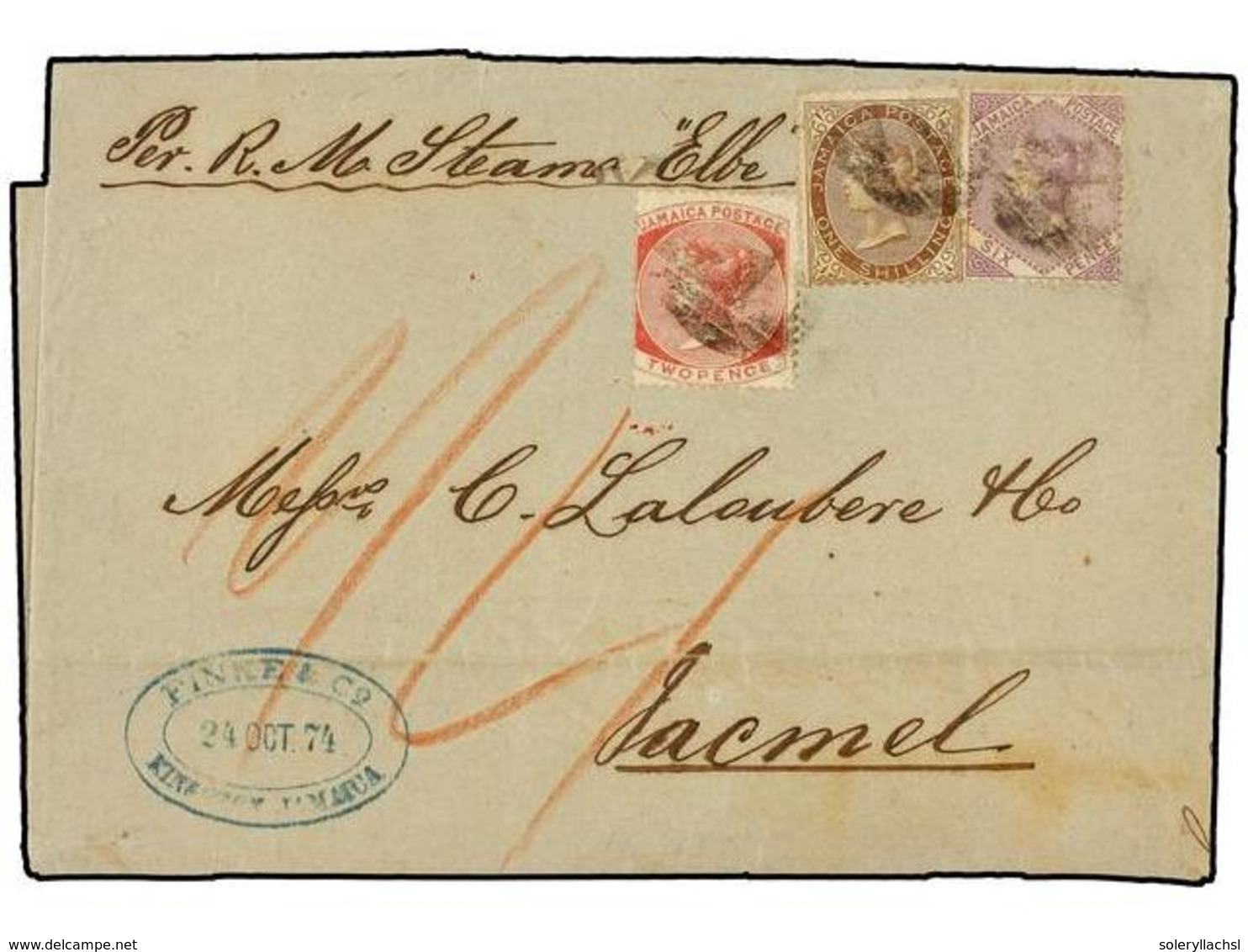 2981 JAMAICA. 1874 (Aug 8). Entire Letter At Quadruple Rate From Kingston To Jacmel, Haiti On Steamer Elbe, With Manuscr - Other & Unclassified